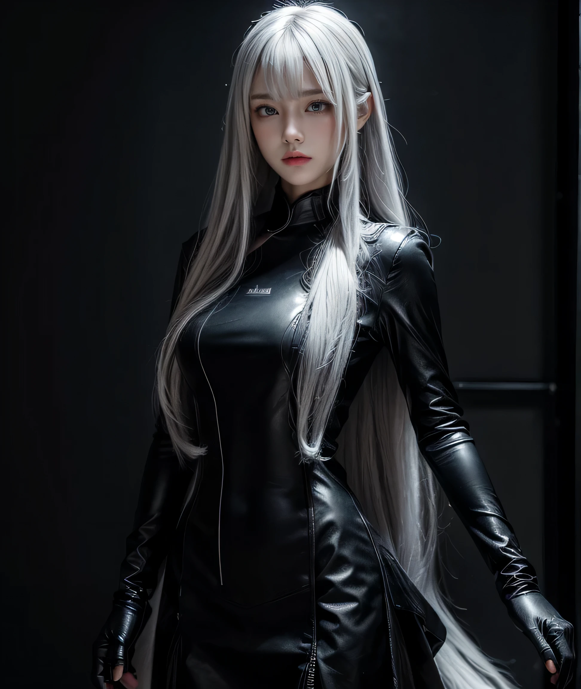 shiny hair,4 fingers,{{{{{White eyes}}}}},{{{{{White eyes}}}}},{long hair},{{straight hair}},gloves,black clothes,black military suit,{military},{{{{{dull bangs}}}}},Hard hair,(slanted eyes},{{whole body},{{{1 girl}}}, {{{{silver hair}}}},{{{Tsurime}}},36 years old,white people,silver eyes,thin,{{{masterpiece}}}, {{{highest quality}}}, {{super detailed}}, {figure}, {{very delicate and beautiful}},very detailed,detailed perfect,detailed hyper,militaryまたは海militaryの制服