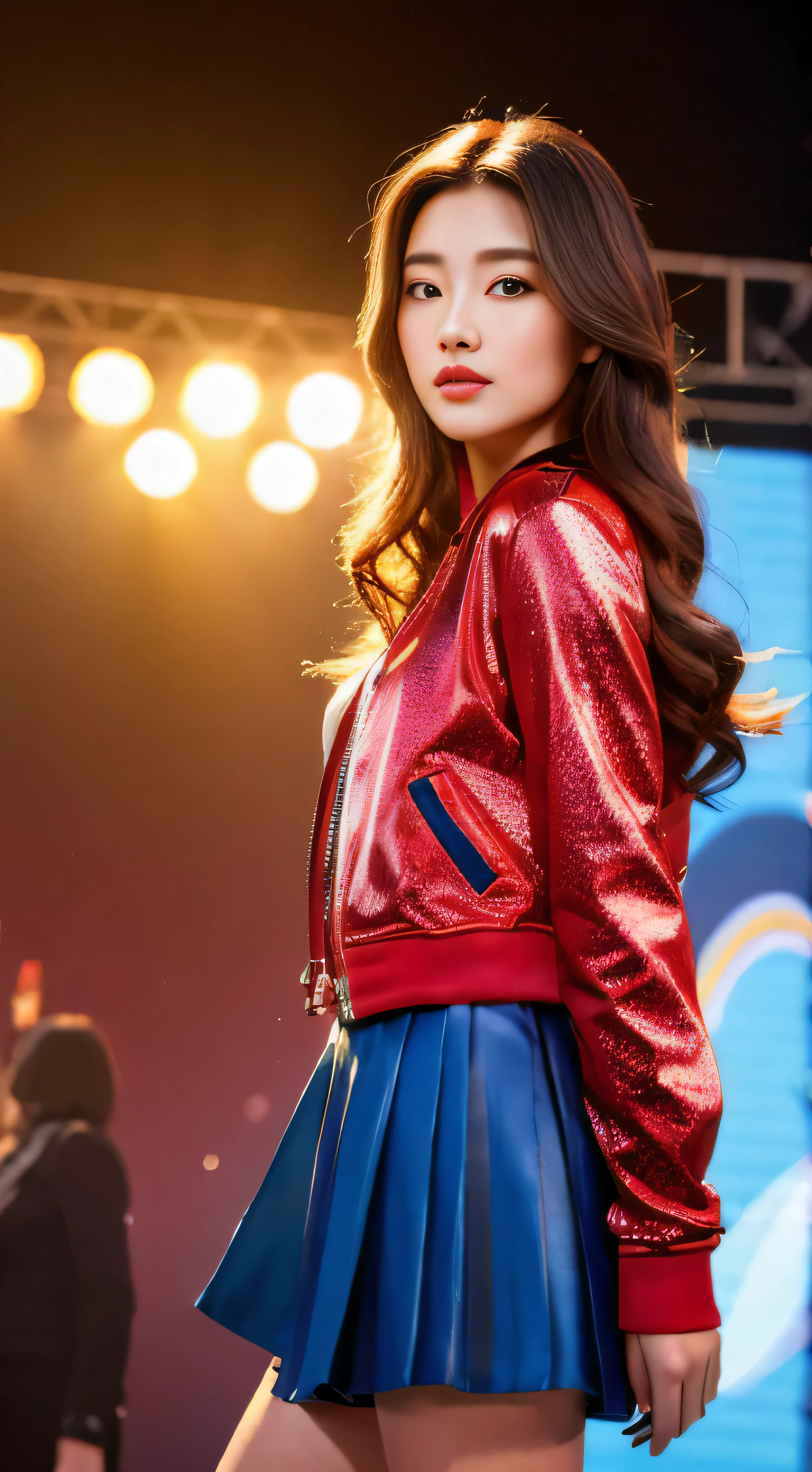 Ultra high-definition images with intricate facial details、Captures the essence of a highly detailed sculpture of a beautiful young woman。Full of confidence、A stunning 25 year old woman、Imagine decorating your chestnut hair with bright highlights。isometric background、Setting the stage for this trend art station、Introduced against the backdrop of bright colors and sparkling cityscapes.。At 8K resolution、These realistic photos、From the intricate carvings of her entire body.、The combination of an impressive red jacket and a tight blue satin skirt that hugs the body.、down to the perfect details of her outfit、Bringing every nuance to life。