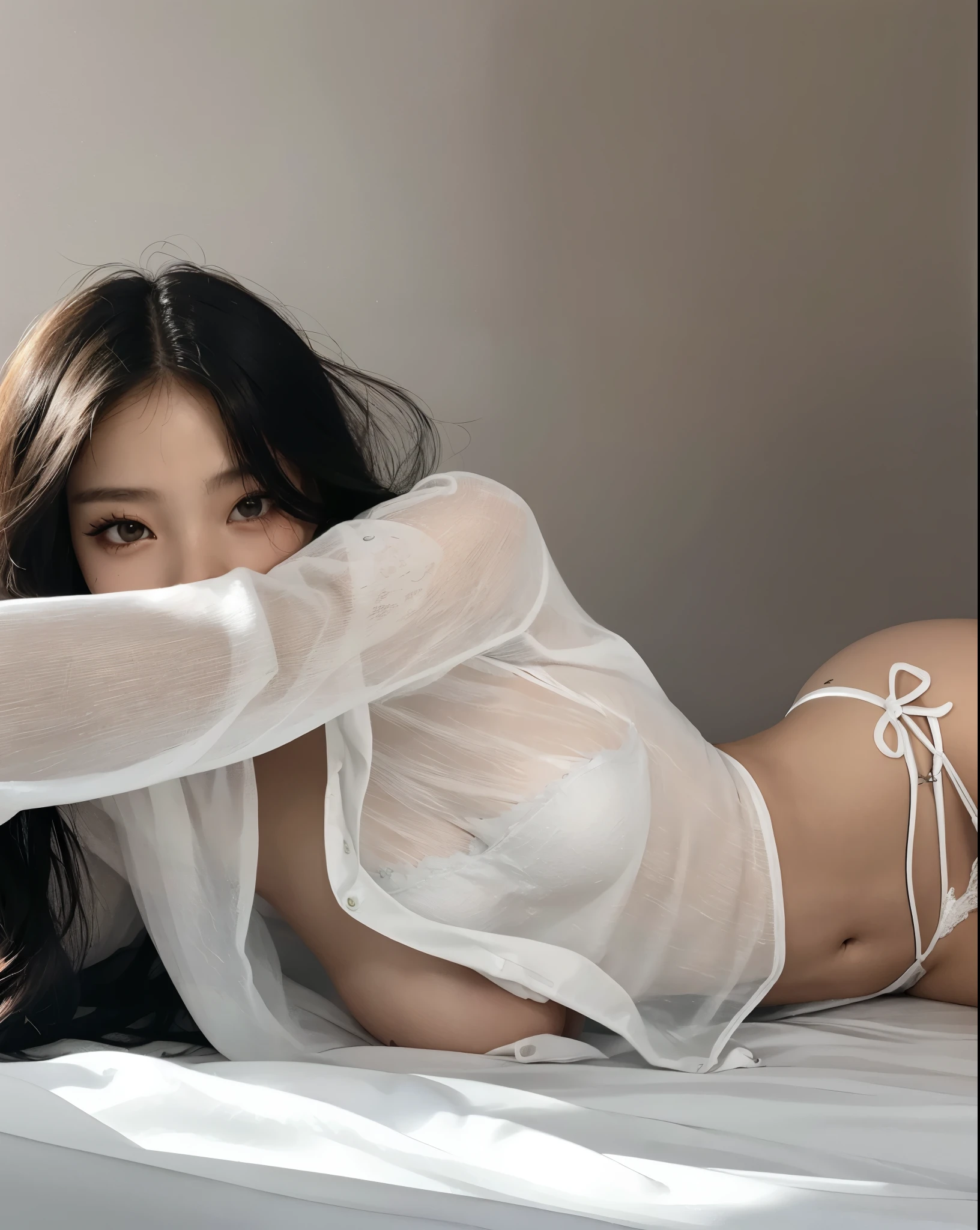 Woman in white lingerie lying on a bed., en ropa blanca, posando en la cama, vestido con camisa blanca, Atuendo revelador, sexy :8, envuelto en tela transparente, see through, chica sexy, en la cama, en mi cama, una hermosa mujer vestida de blanco, translucent body, cubierto de tela transparente, tomorrow brother tran, cara de Jennie de Blackpink 