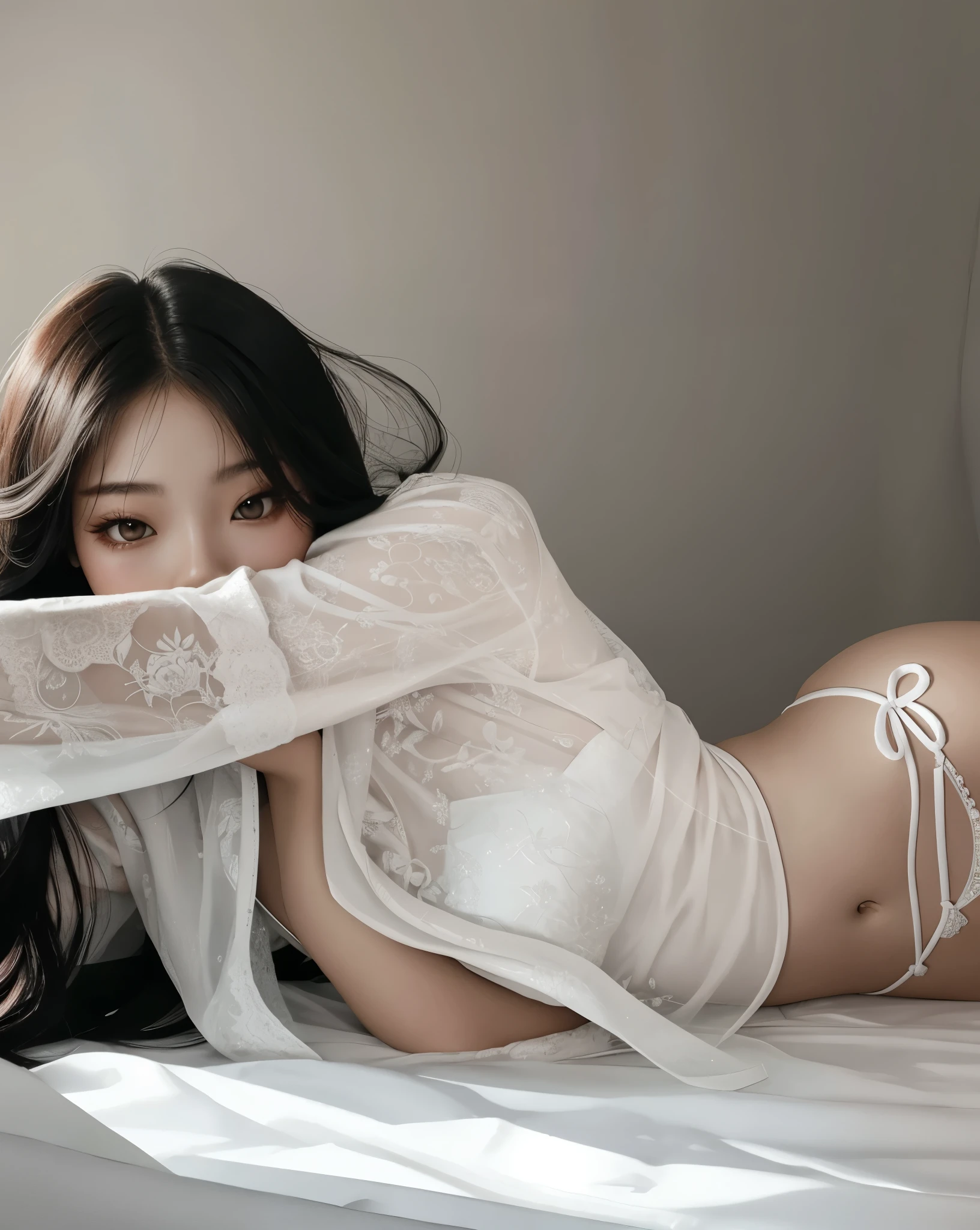 Asian woman in a white sheery lying on a bed, muchacha coreana, translucent body, gorgeous young mujer coreana, chica sexy, soft and translucent white skin, en ropa blanca, beautiful south mujer coreana, traje ajustado blanco liso, heonhwa choe, mujer coreana, sakimichan, envuelto en tela transparente, con cara como de Jennie de blackpink, Jennie de Blackpink 