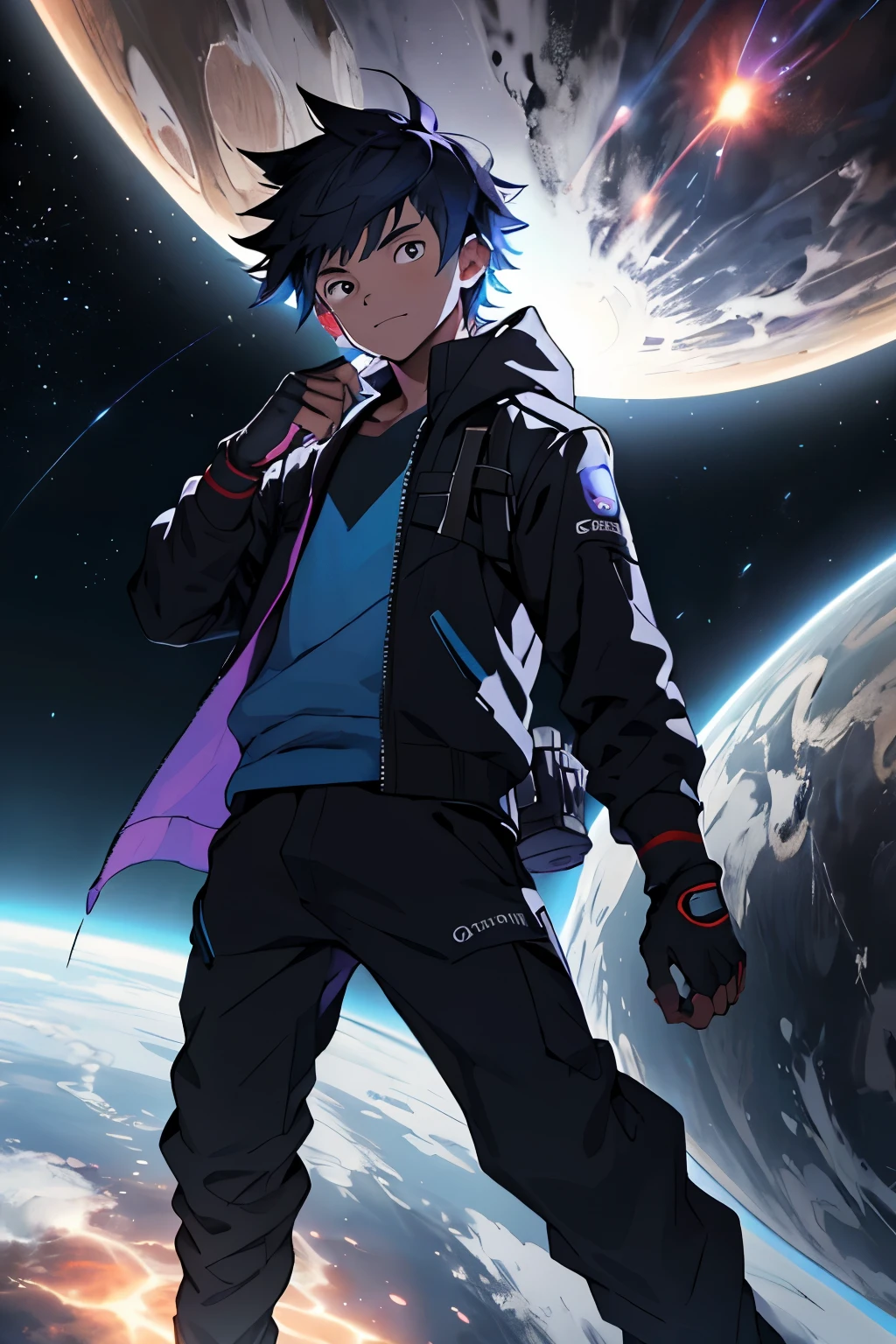 Draw a teen kid with his hand aimed to the sky and dark matter coming out of his hand witg explostions all around him