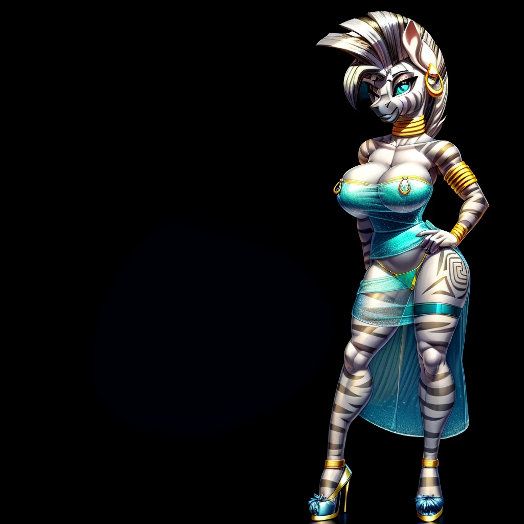 detailed,8k.4k,((Best quality, masterpiece, ultra high resolution)), ((full body)), by Skygracer, by pixelsketcher, (( zecora fusion with Elsa)), (Elsa dress cosplay), hoop earrings, bracelet, blue eyes, grey skin, furry female, neck ring, armlet, facial mark, zebra, two-tone hair, grey fur, armlet, animal ears, facial mark, (((solo:1.8))), seductive smile, long hair, bangs, dress, animal ears, cleavage, bare shoulders, huge breasts, perky nipples under clothes, nipple rings under clothes, big hips, narrow waist, curvy figure, athletic, standing, tail, looking at you, perfect bright eyes with heart pupils, makeup, blue dress, strapless dress, side slit, cocktail dress, eyeshadow, hands on hips, masterpiece, best quality, perfect legs, transparent stockings, garters, blue ballet slippers high heels , studio lighting, (((transparent dress))), ((thong panties)), transparent clothes