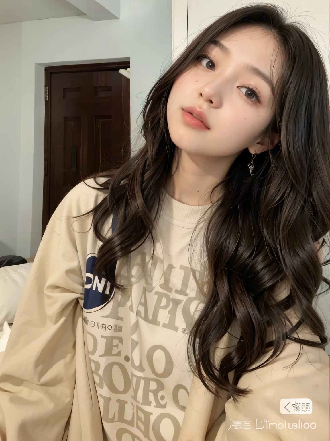 a close up of a woman com cabelo comprido wearing a shirt, jennie blackpink, com cabelo comprido, Ulzzang, com cabelos longos e cacheados, cabelo preto longo e ondulado, asian girl com cabelo comprido, Louise Zhang, cabelo preto longo e ondulado, cabelo ondulado na altura dos ombros, cabelo ondulado penteado para o lado, Jinyoung Shin, she is wearing streetwear