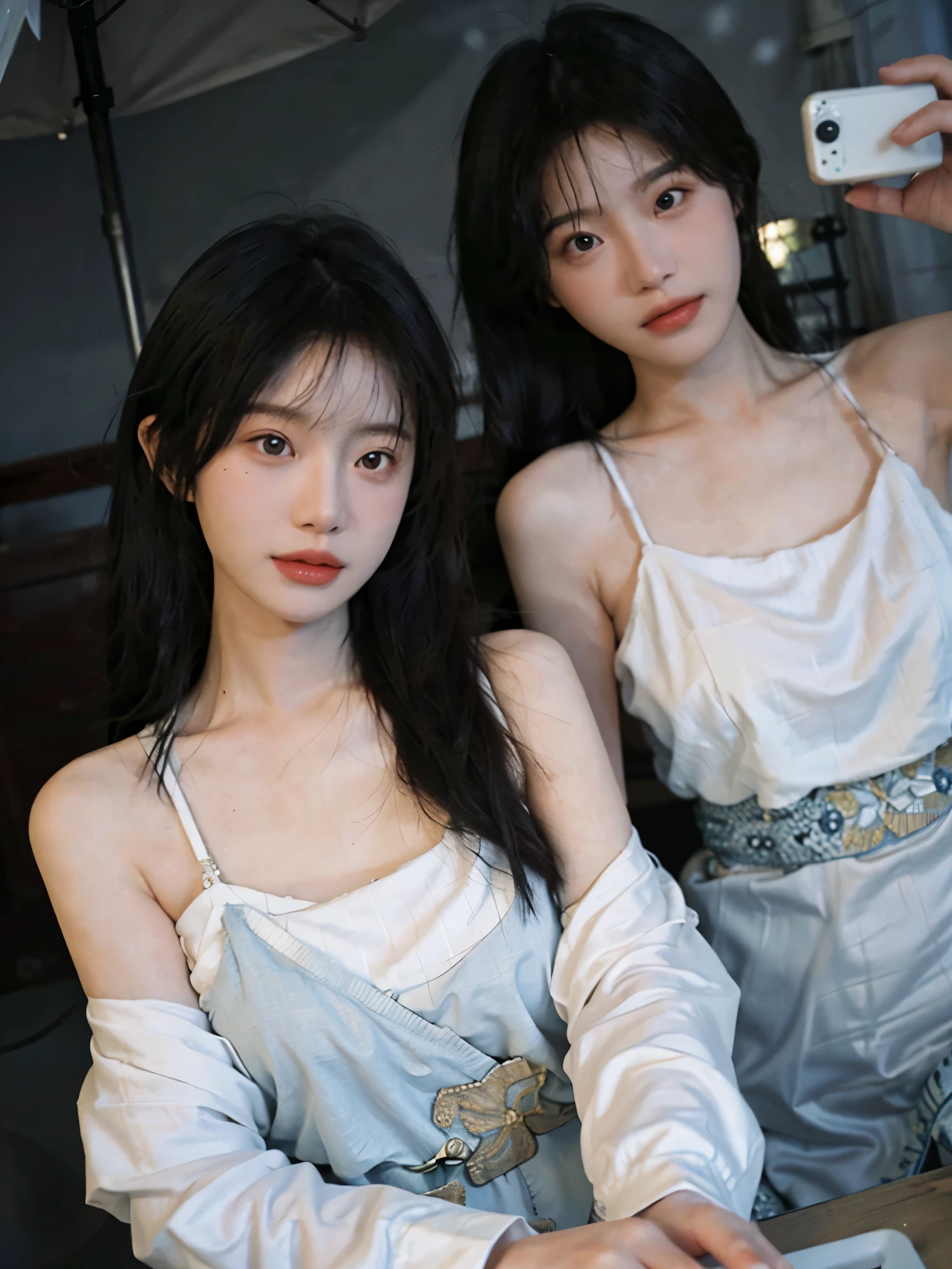 Film portrait photography, 2 girls, 2 girls,twin,bare shoulders, Shoulder length wavy hair, Snow-white cheongsam,Big breasts ,(Realistic and detailed eyes, natural skin texture, Realistic facial details),, depth of field, Bokeh, Vibrant details, Detailed and detailed, Surrealism, 35mm film, hazy, ,Selfie,