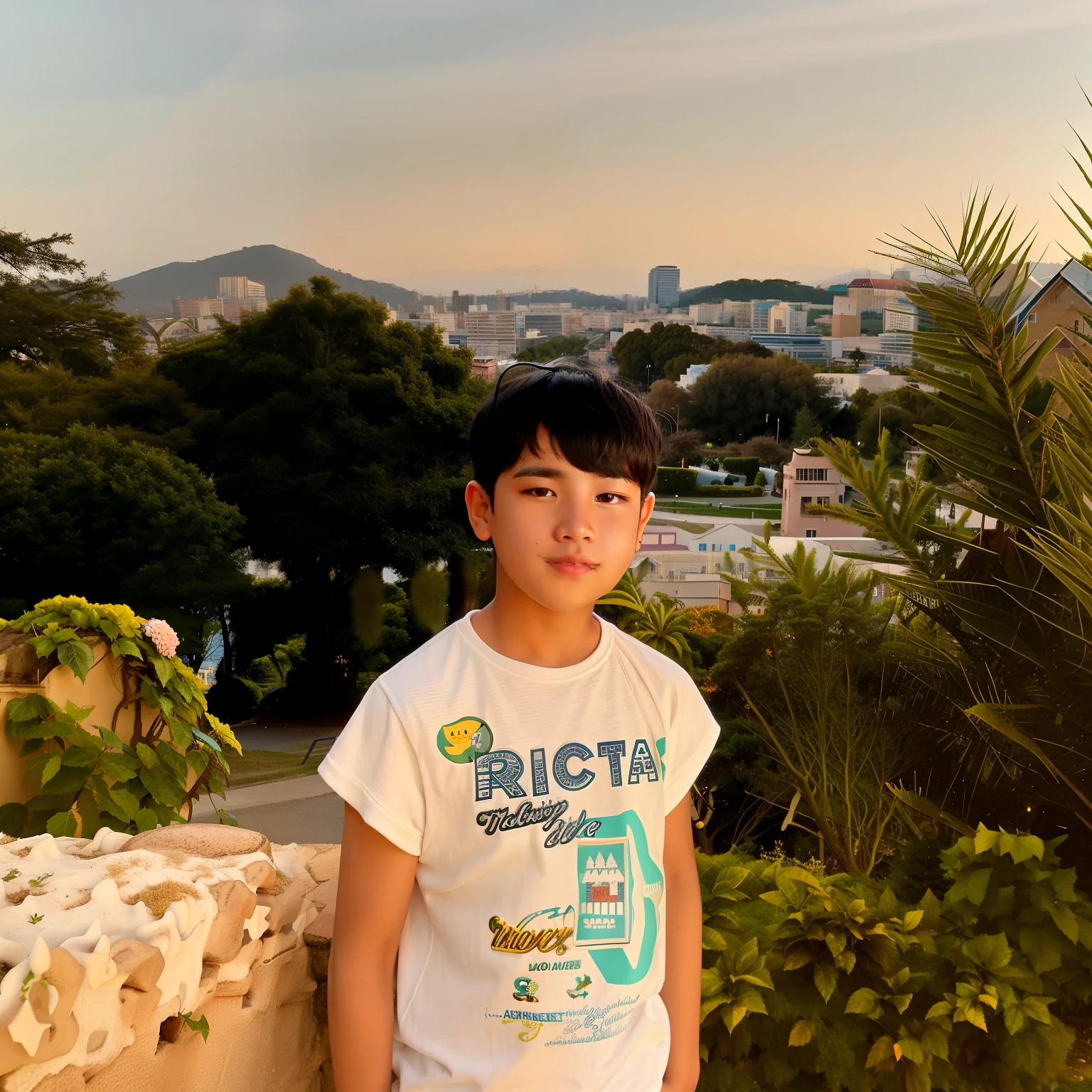 there is a young boy standing in front of a bush with a city in the background, riyahd cassiem, ???, reyyan, with a park in the background, ismail, hills in the background, ayan nag, mohamed chahin, jose miguel roman frances, park in background, taken with the best dlsr camera, nivanh chanthara