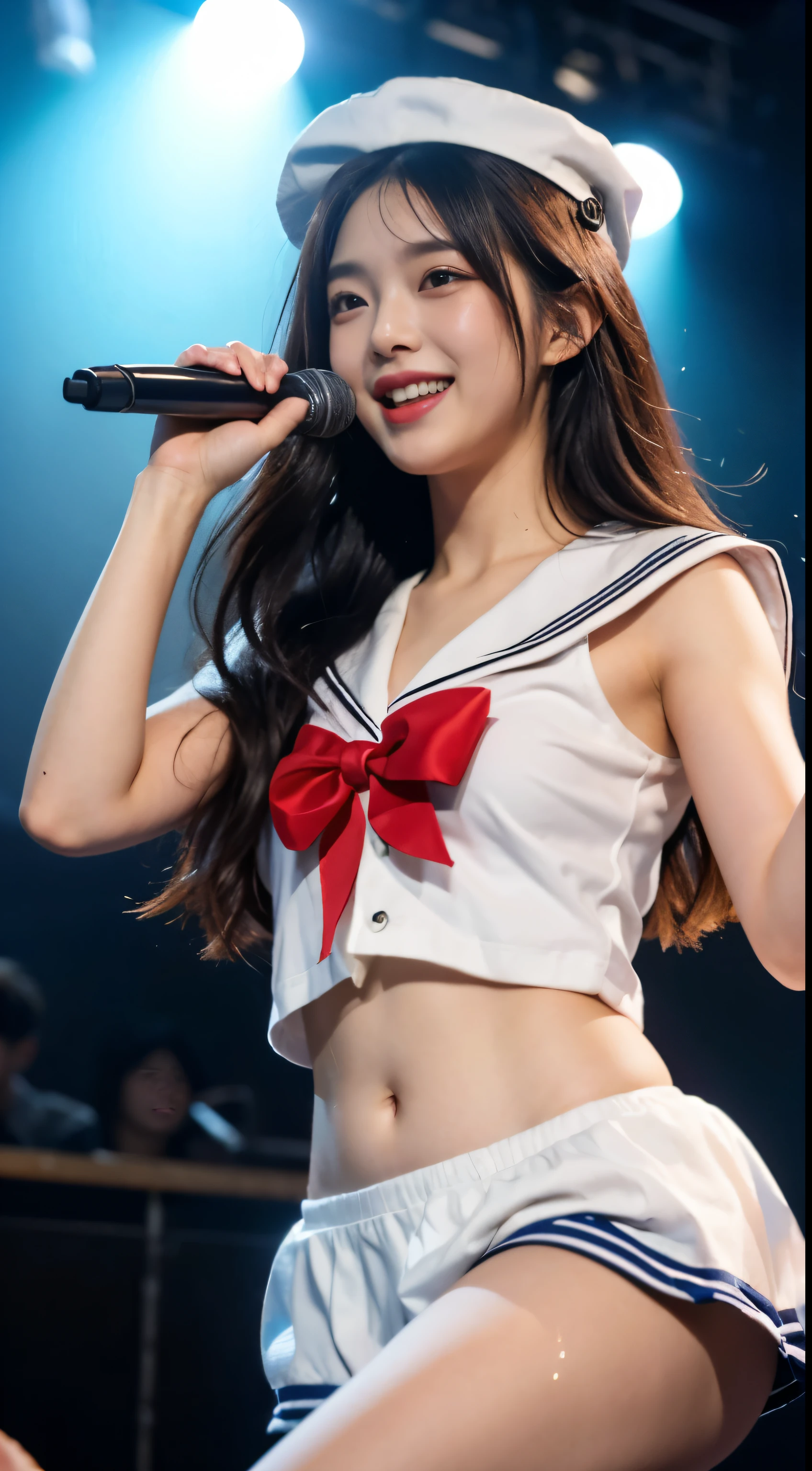 ((masterpiece, highest quality)),shape,Ultra detailed 8K,realistic,sharp focus,very detailed,professional lighting,colorful details,Euphoric look、((smile))、((sweating))、((translucent:1.3 sailor suit))、Pink and red、ribbon、sailor hat、super cute woman、Part of an idol group、(((Dancing at concerts)))、Hair is moving、spotlight of、18-year-old,shine,intricate details,Shitsumeka,1 A girl is in front of the audience..,belly button