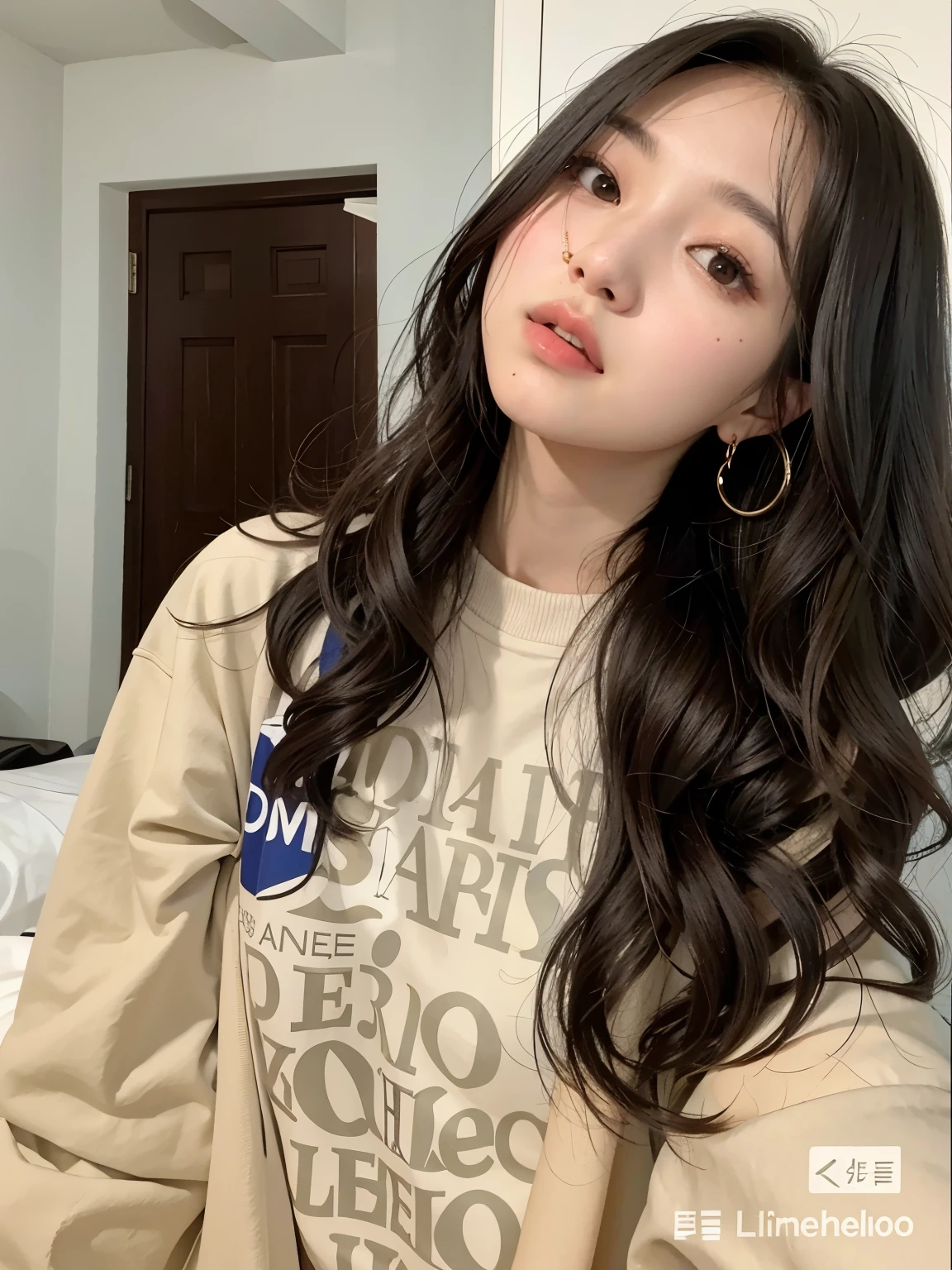 a close up of a woman com cabelo comprido wearing a shirt, jennie blackpink, com cabelo comprido, Ulzzang, com cabelos longos e cacheados, cabelo preto longo e ondulado, asian girl com cabelo comprido, Louise Zhang, cabelo preto longo e ondulado, cabelo ondulado na altura dos ombros, cabelo ondulado penteado para o lado, Jinyoung Shin, she is wearing streetwear