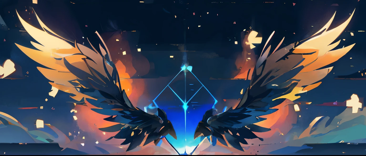 Close up of blue angel wings on black background, offanim (Ophanim) Have bird wings, infinite angel wings, Symmetrical wings, infinite angel wings, The glorious land of anime, huge white glowing wings, infinite wings, flying anime esper, Symmetrical wings, Exquisite and handsome wings, wings made of glass, Symmetrical wings, 2 wings