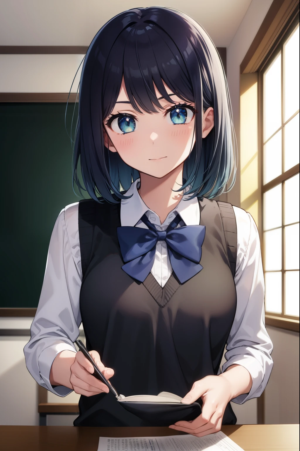 akanekurokawa, akane kurokawa, aqua eyes, blue hair, medium hair, sidelocks,
BREAK black sweater vest, blue bow, blue bowtie, bow, bowtie, collared shirt, long sleeves, puffy sleeves, school uniform, shirt, sweater vest, white shirt,
BREAK looking at viewer,
BREAK indoors, classroom,
BREAK (masterpiece:1.2), best quality, high resolution, unity 8k wallpaper, (illustration:0.8), (beautiful detailed eyes:1.6), extremely detailed face, perfect lighting, extremely detailed CG, (perfect hands, perfect anatomy),