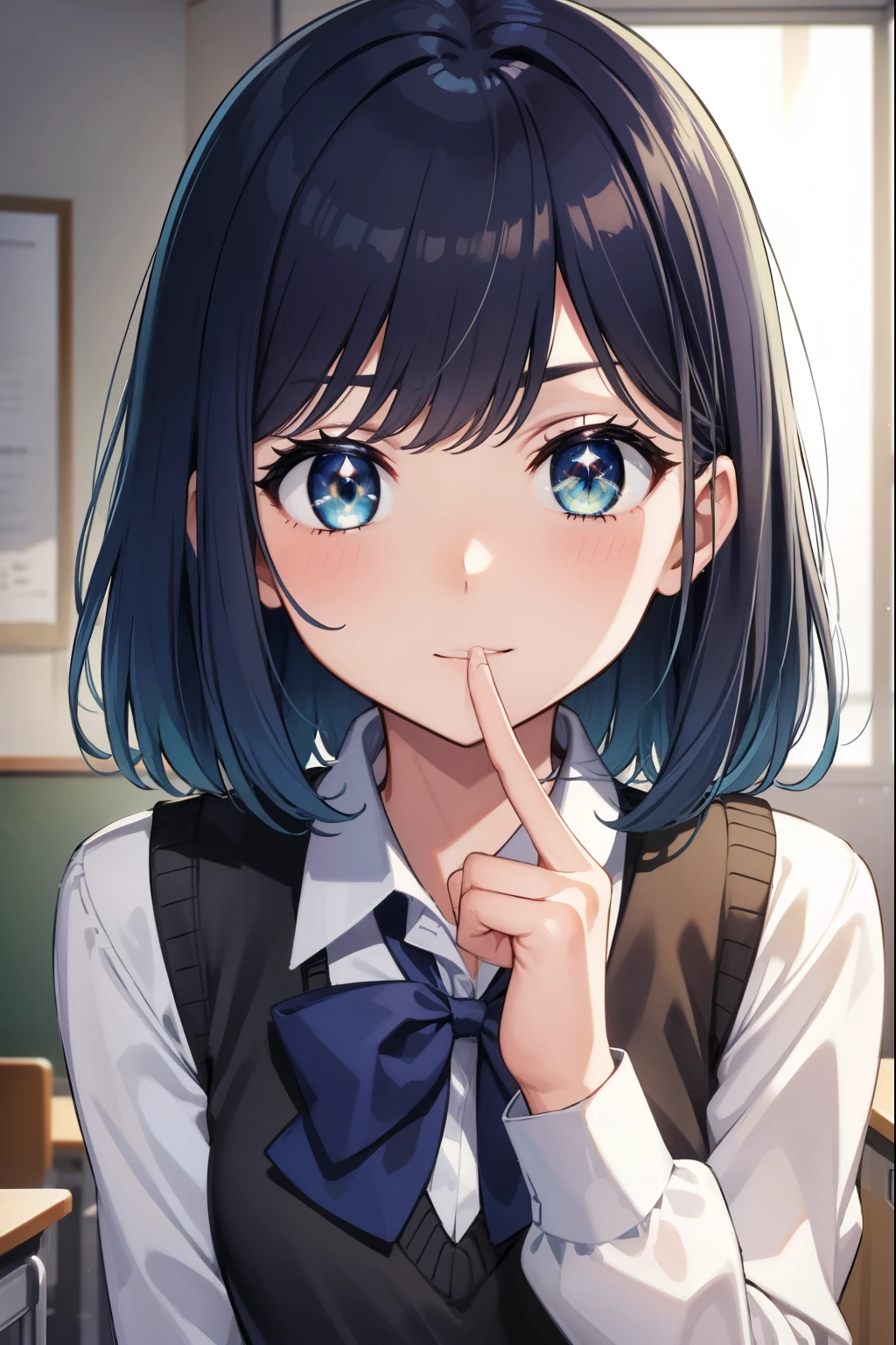 akanekurokawa, akane kurokawa, aqua eyes, blue hair, medium hair, sidelocks,
BREAK black sweater vest, blue bow, blue bowtie, bow, bowtie, collared shirt, long sleeves, puffy sleeves, school uniform, shirt, sweater vest, white shirt,
BREAK looking at viewer,
BREAK indoors, classroom,
BREAK (masterpiece:1.2), best quality, high resolution, unity 8k wallpaper, (illustration:0.8), (beautiful detailed eyes:1.6), extremely detailed face, perfect lighting, extremely detailed CG, (perfect hands, perfect anatomy),