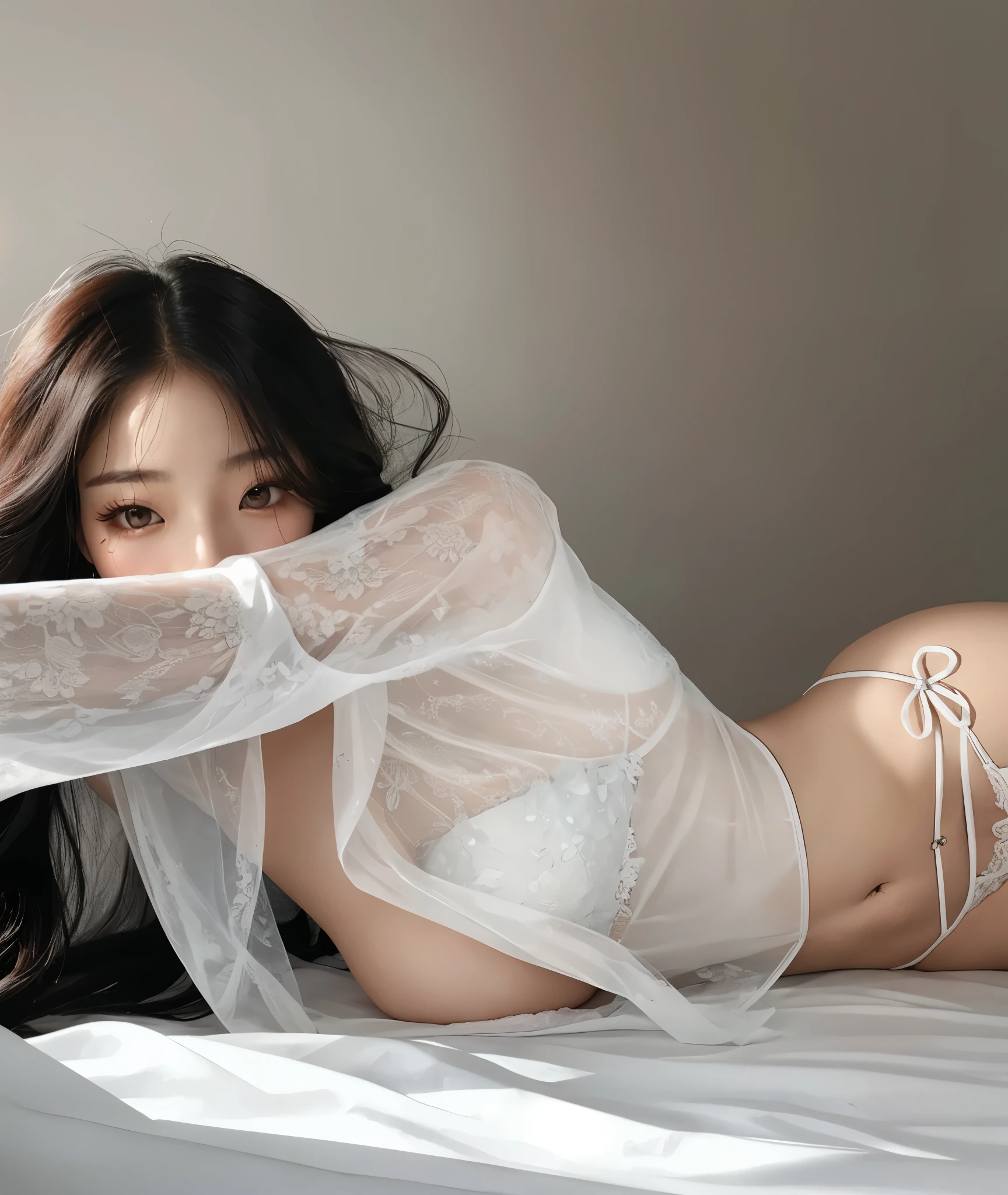 Asian woman in a transparent white lingerie lying on a bed, muchacha coreana, translucent body, gorgeous young mujer coreana, chica sexy, beautiful south mujer coreana, soft and translucent white skin, traje ajustado blanco liso, mujer coreana, cubierto de tela transparente, sexy :8, envuelto en tela transparente, Jennie de blackpink, rostro parecida al de Jennie de blackpink