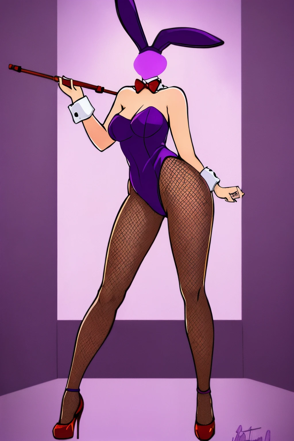 (best quality, masterpiece), 1girl, solo, disembodiedhead, headless, playboy bunny girl, purple leotard, fishnets, pantyhose, purple high heels, red spears, full body