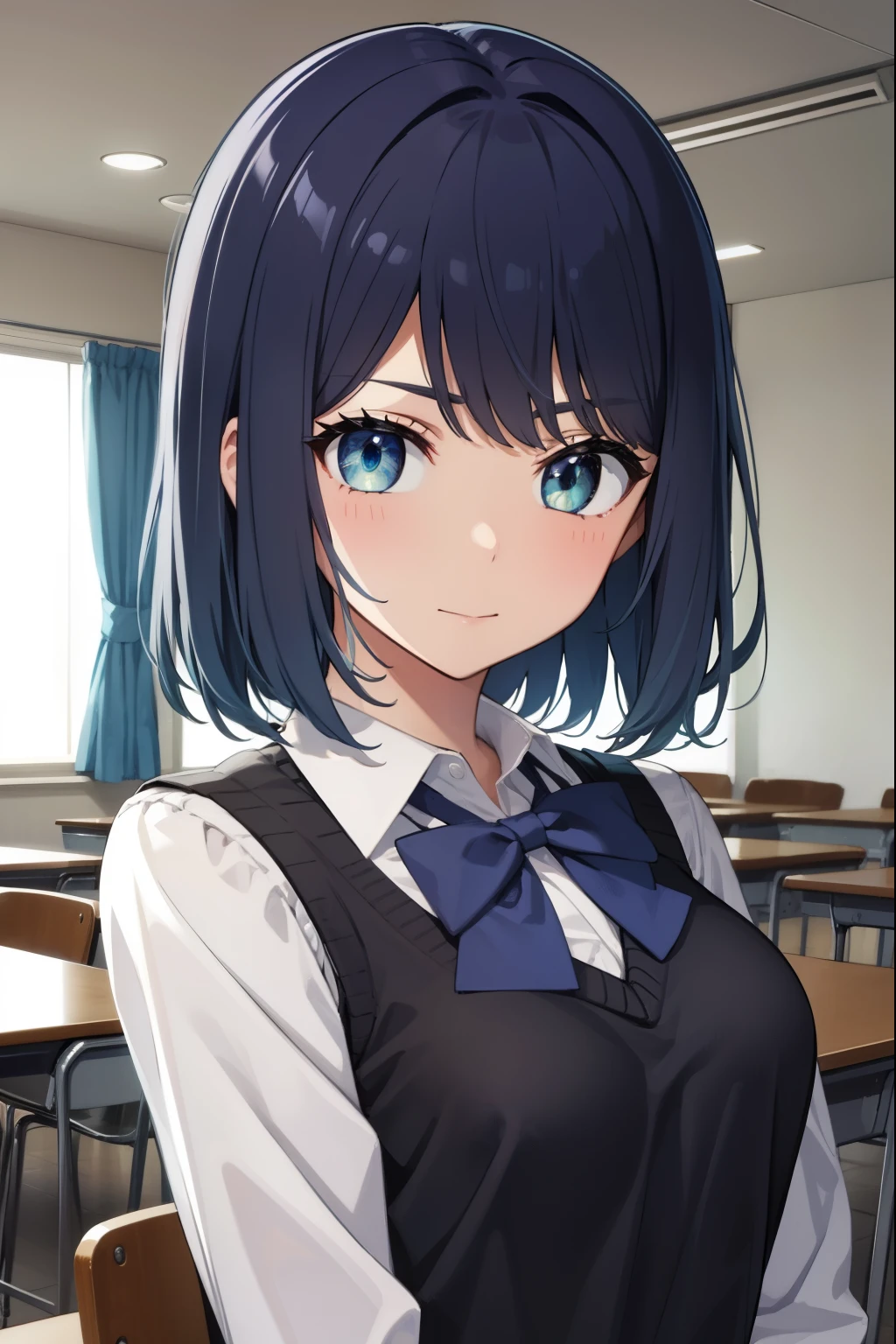 akanekurokawa, akane kurokawa, aqua eyes, blue hair, medium hair, sidelocks,
BREAK black sweater vest, blue bow, blue bowtie, bow, bowtie, collared shirt, long sleeves, puffy sleeves, school uniform, shirt, sweater vest, white shirt,
BREAK looking at viewer,
BREAK indoors, classroom,
BREAK (masterpiece:1.2), best quality, high resolution, unity 8k wallpaper, (illustration:0.8), (beautiful detailed eyes:1.6), extremely detailed face, perfect lighting, extremely detailed CG, (perfect hands, perfect anatomy),