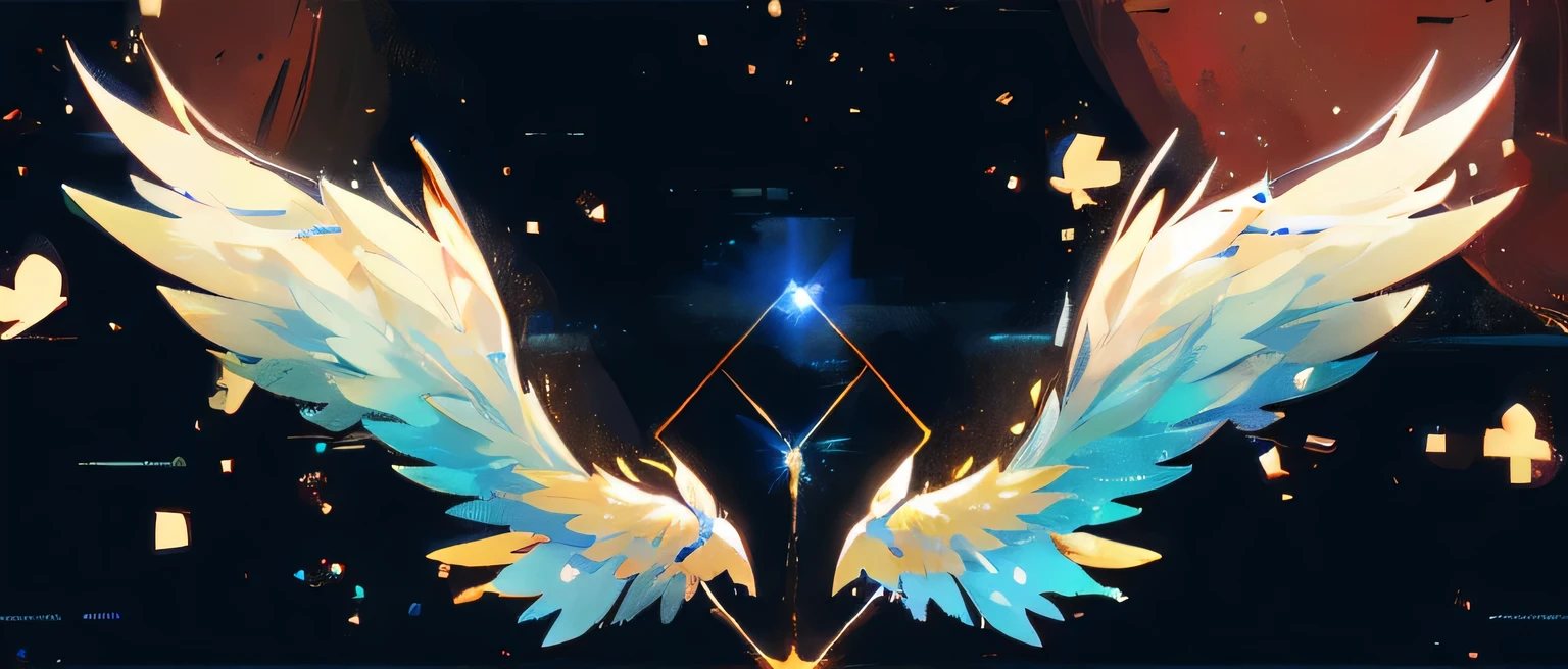 Close up of blue angel wings on black background, offanim (offanim) have bird wings, infinite angel wings, Symmetrical wings, infinite angel wings, The glorious land of anime, huge white glowing wings, infinite wings, flying anime esper, Symmetrical wings, Exquisite and handsome wings, wings made of glass, Symmetrical wings, 2 wings
