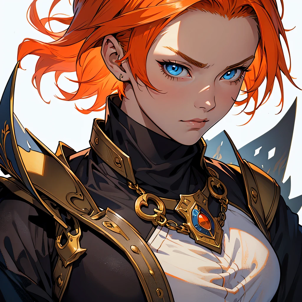 medieval anime art, masterpiece, best quality, by professional artist, only one person, female, solo, upper body portrait, detailed composition, detailed eyes, detailed hair, white background, bleached orange slick back hair, short hair, blue eyes, wearing black and orange knight armor, serious face
