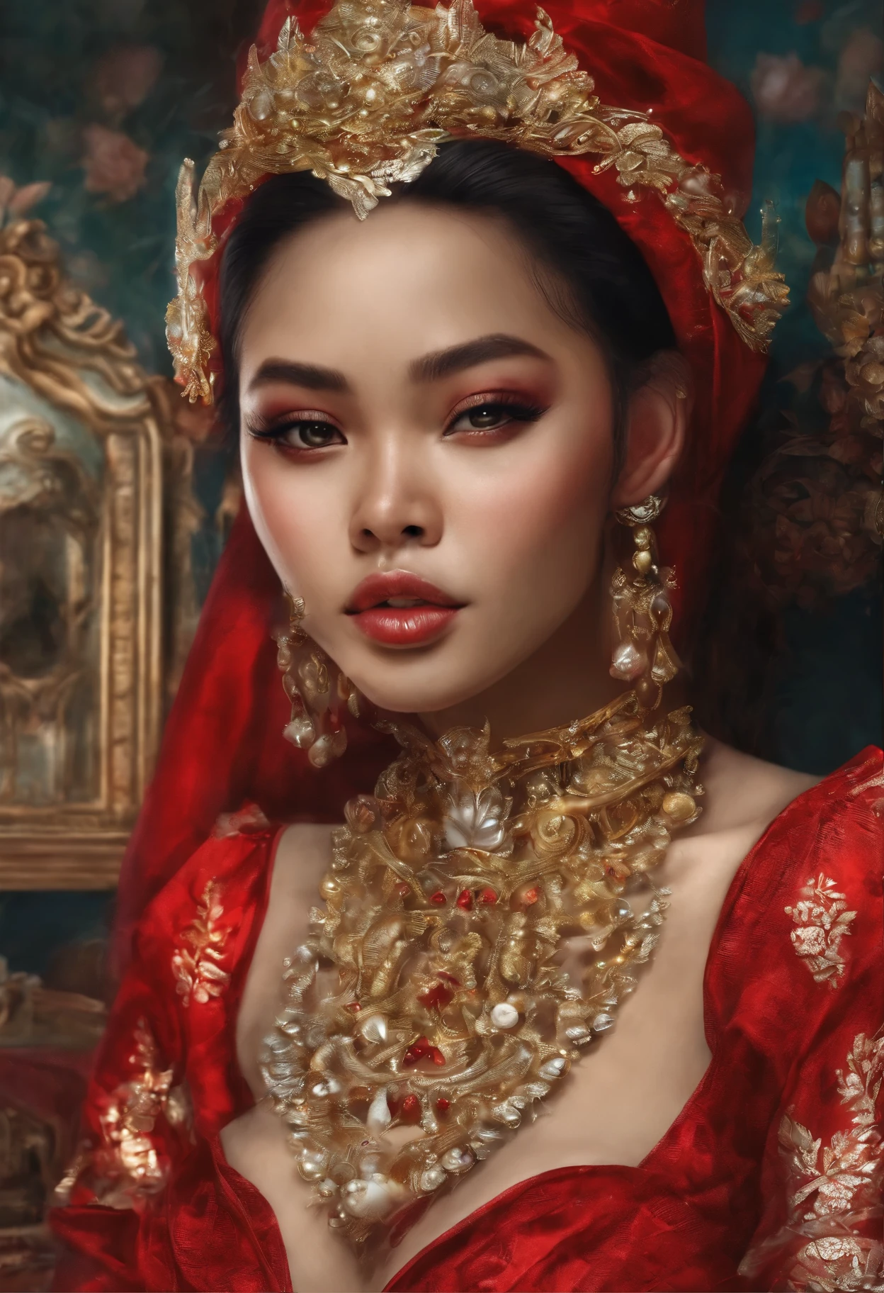 A beautifull Indonesian woman. Wearing red transparant kemben with golden ornaments and jewlr. mouthfull of dripping milk's ice cream. Wearing red high hills shoes. sitting on a couch at beautifull garden