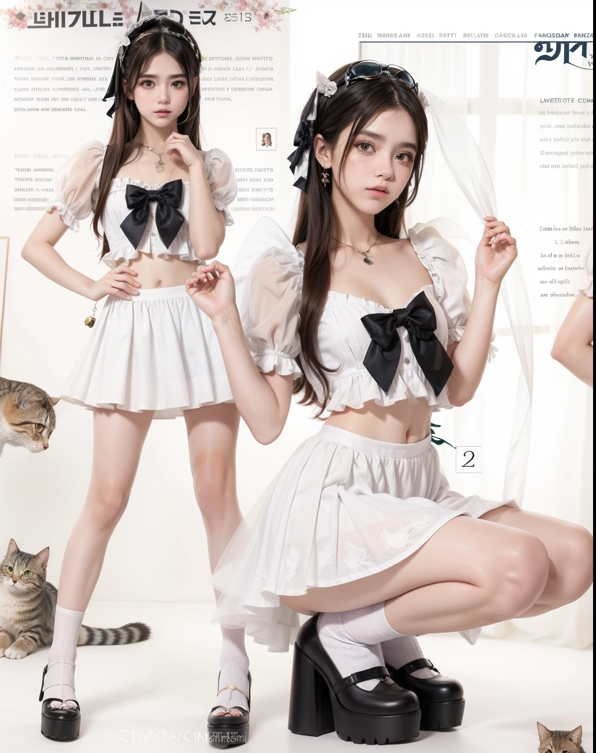 un primer plano de una mujer con falda corta y un gato, magical girl style, mucama outfit, ropa de bruja, traje con volantes, fantasy costume, estilo ta, fairy core, cosplay de un chico gato! mucama! vestido, y 2 k lindocore clowncore, lindocore, bella delfina, ropa estilo fantasia