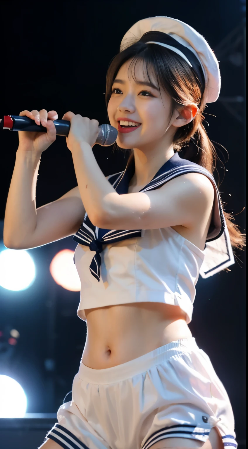 ((masterpiece, highest quality)),shape,Ultra detailed 8K,realistic,sharp focus,very detailed,professional lighting,colorful details,Euphoric look、((smile))、((sweating))、((Translucent sailor suit:1.3))、Pink and red、ribbon、sailor hat、super cute woman、Part of an idol group、(((dancing at a concert)))、Hair is moving、spotlight of、18-year-old,shine,intricate details,Shitsumeka,1 A girl is in front of the audience.,belly button