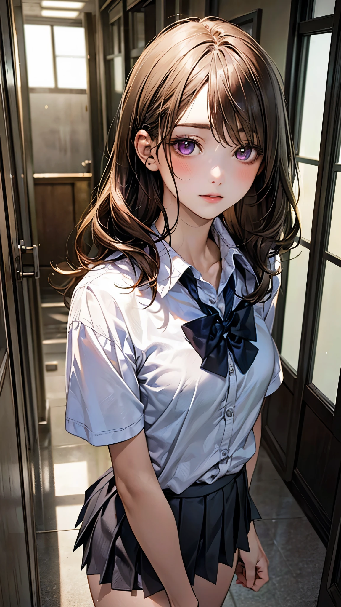 (masterpiece:1.2, top-quality), (realistic, photorealistic:1.4), beautiful illustration, (natural side lighting, movie lighting), nsfw, 
looking at viewer, face focus, upper body, 1 girl, japanese, high school girl, perfect face, cute and symmetrical face, shiny skin, 
(middle hair:0.6, messy hair:1.2, light brown hair, hair over eyes), dark purple eyes, long eye lasher, (mideum breasts), slender, 
beautiful hair, beautiful face, beautiful detailed eyes, beautiful clavicle, beautiful body, beautiful chest, beautiful thigh, beautiful legs, beautiful fingers, 
((detailed cloth texture, short sleeves white collared shirts, gray pleated mini skirt), black bow tie), 
(beautiful scenery), evening, ((school hallway)), walking, (look down),