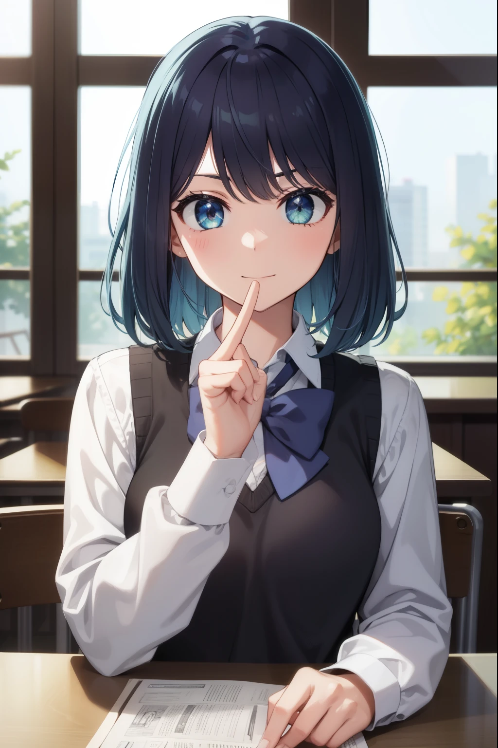 akanekurokawa, akane kurokawa, aqua eyes, blue hair, medium hair, sidelocks,
BREAK black sweater vest, blue bow, blue bowtie, bow, bowtie, collared shirt, long sleeves, puffy sleeves, school uniform, shirt, sweater vest, white shirt,
BREAK looking at viewer,
BREAK indoors, classroom,
BREAK (masterpiece:1.2), best quality, high resolution, unity 8k wallpaper, (illustration:0.8), (beautiful detailed eyes:1.6), extremely detailed face, perfect lighting, extremely detailed CG, (perfect hands, perfect anatomy),