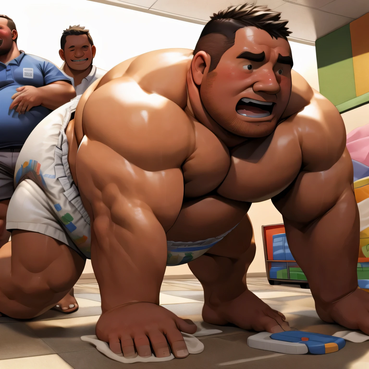 masterpiece, highest quality, At 32K, perfect fingers, very detailed, photo-realistic, the fat man is a cruel prisoner, retarded, human, the 50s, (obesity: 1.0), fatty muscle, bowl leg, disappointment, I was incontinent, the 50s, Children check diapers, There is a small puddle under him, I was incontinent, naked, short legs, bowl leg, spread your legs, wear white cloth diapers, white diaper without pattern, pampers, nakedのお腹, naked足, naked足, nakedの靴底, 上半身naked, wide forehead and short thin hair, A man with a big face and stubble, naked足, nakedの靴底, shy, sob, Drool, round face, vapor, alone, I enter a nursery school, but the children look down on me., He was surrounded by children in playpens., naked足, big ass, white diaper, sob, There is a small puddle under him, sob, he crawls to the children, on all fours