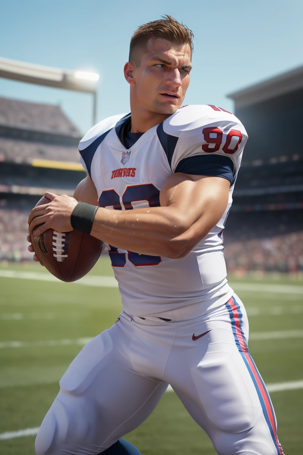 Photo of Rob Gronkowski, Athletic man, ((Muscular build: 1.5)), ((Extra large bulging biceps)), ((Tight football uniform)), ((Portrait)), ((Detailed face:1.5)), ((Defined facial features)), ((Sweat-drenched skin)), ((Outdoor environment: football field)), ((Sunlight: warm and golden)), Reflectors, ((Masterpiece: dynamic and action-packed)), ((Realistic: high textures and shadows)), ((Photographed in: Canon EOS R6, 70-200mm Lens, F/2.2, ISO 100, 4K, HDR,