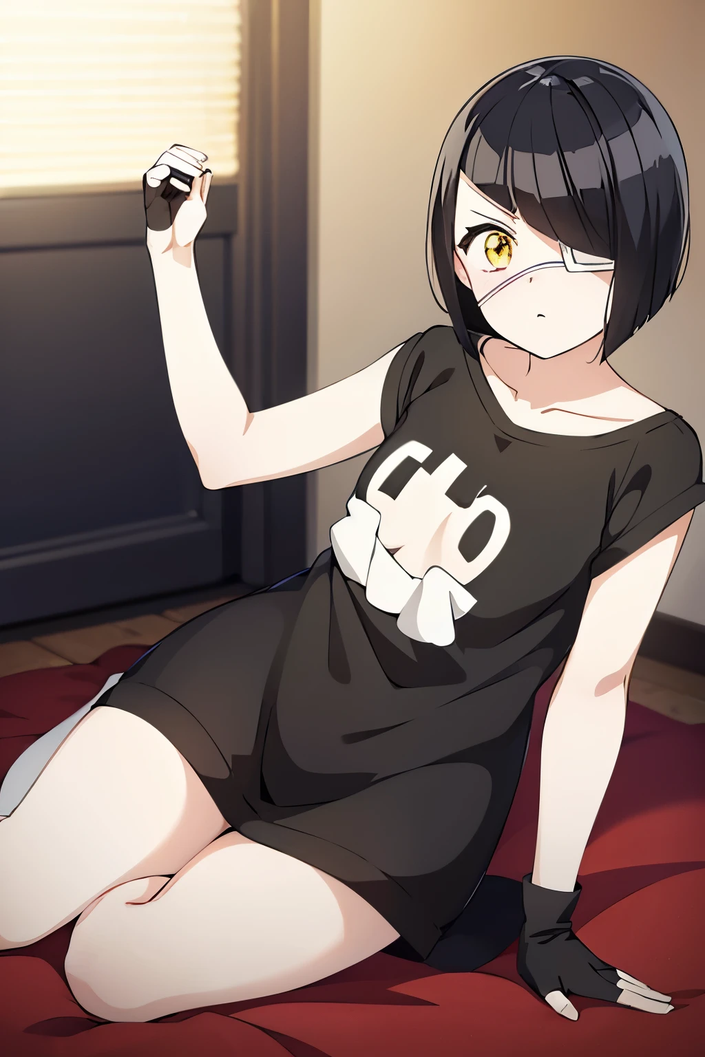 girl, nakanaka_omoharu, black hair, short hair, flat chest, golden eyes, white eye patch, casual outfit, white shirt, black skirt, short skirt, fingerless gloves, black socks, room, bed