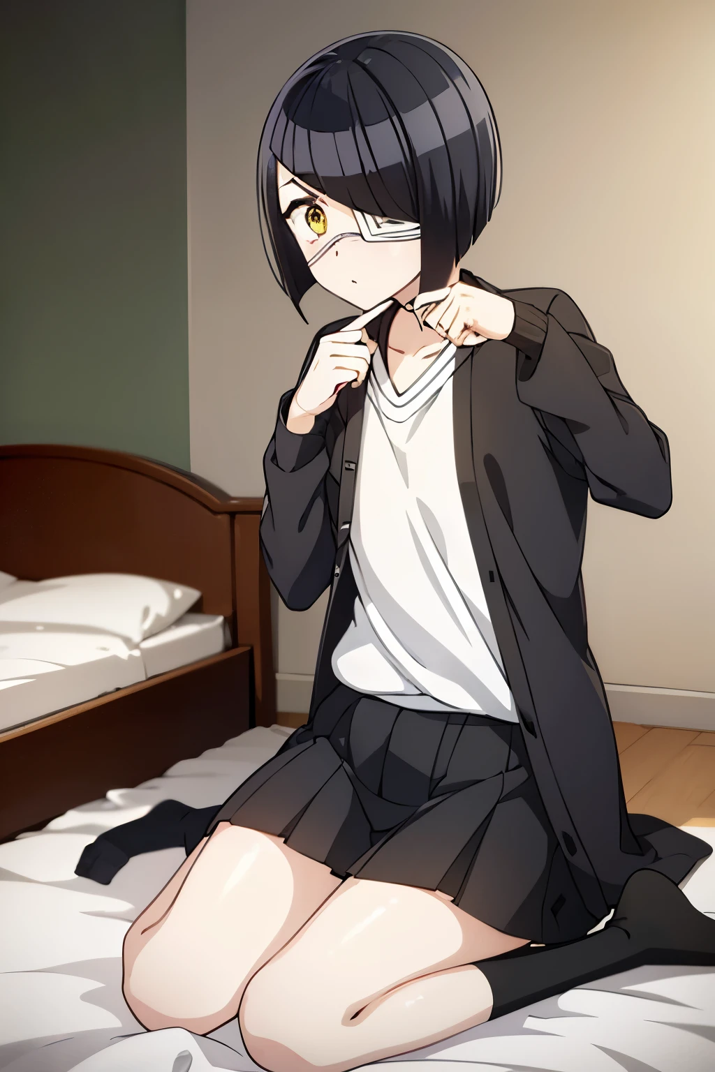 girl, nakanaka_omoharu, black hair, short hair, flat chest, golden eyes, white eye patch, casual outfit, white shirt, black skirt, short skirt, fingerless gloves, black socks, room, bed