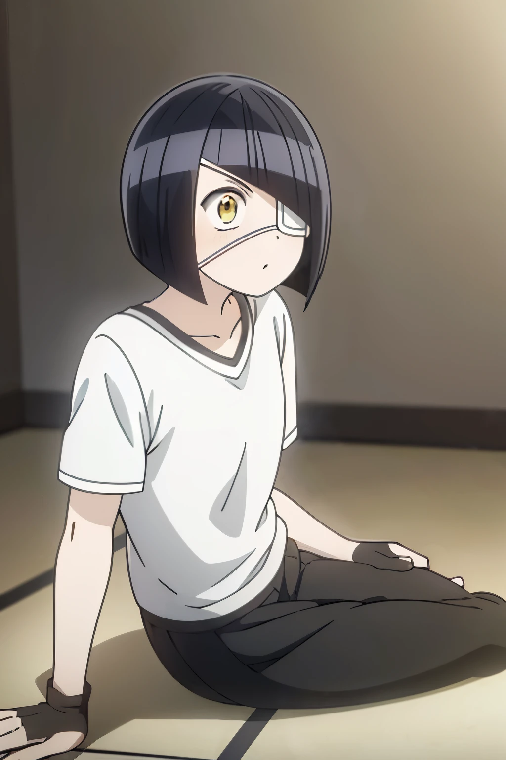 girl, nakanaka_omoharu, black hair, short hair, flat chest, golden eyes, white eye patch, casual outfit, white shirt, black skirt, short skirt, fingerless gloves, black socks, room, bed