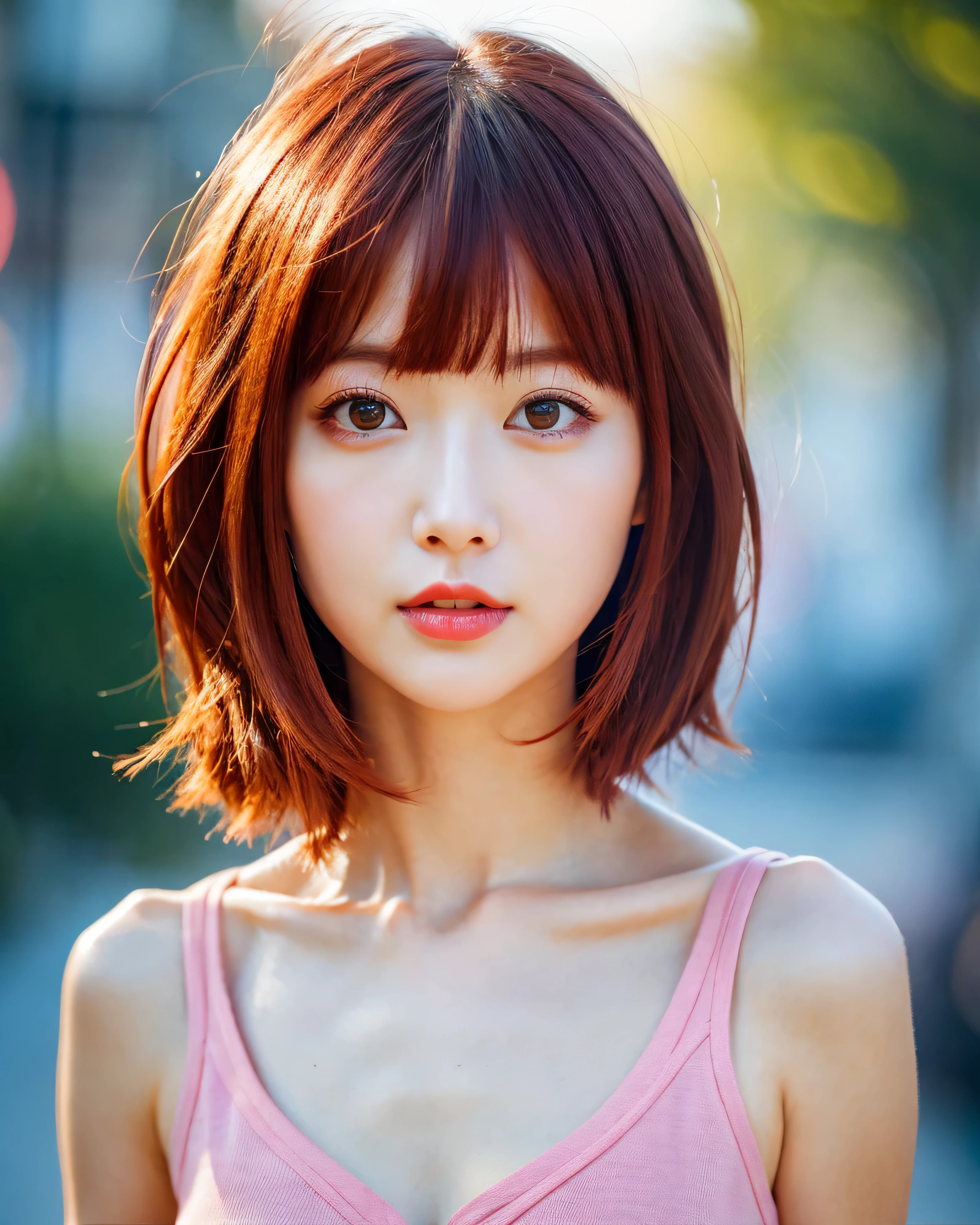 (high quality, 4k, 8k, High resolution, masterpiece:1.2)beautiful japanese girl, complex red hair, red hair, short cut hair, bob hair, asymmetrical bangs, big magical eyes, detailed beautiful eyes, thin eyebrows, smooth soft skin, pale pink lips, A fleeting expression, black tank top, black oversized hoodie, wearing a hood, Detailed and perfect clavicle, High resolutionの美しい胸元, beautiful legs, early morning street, professional lighting, professional photographer