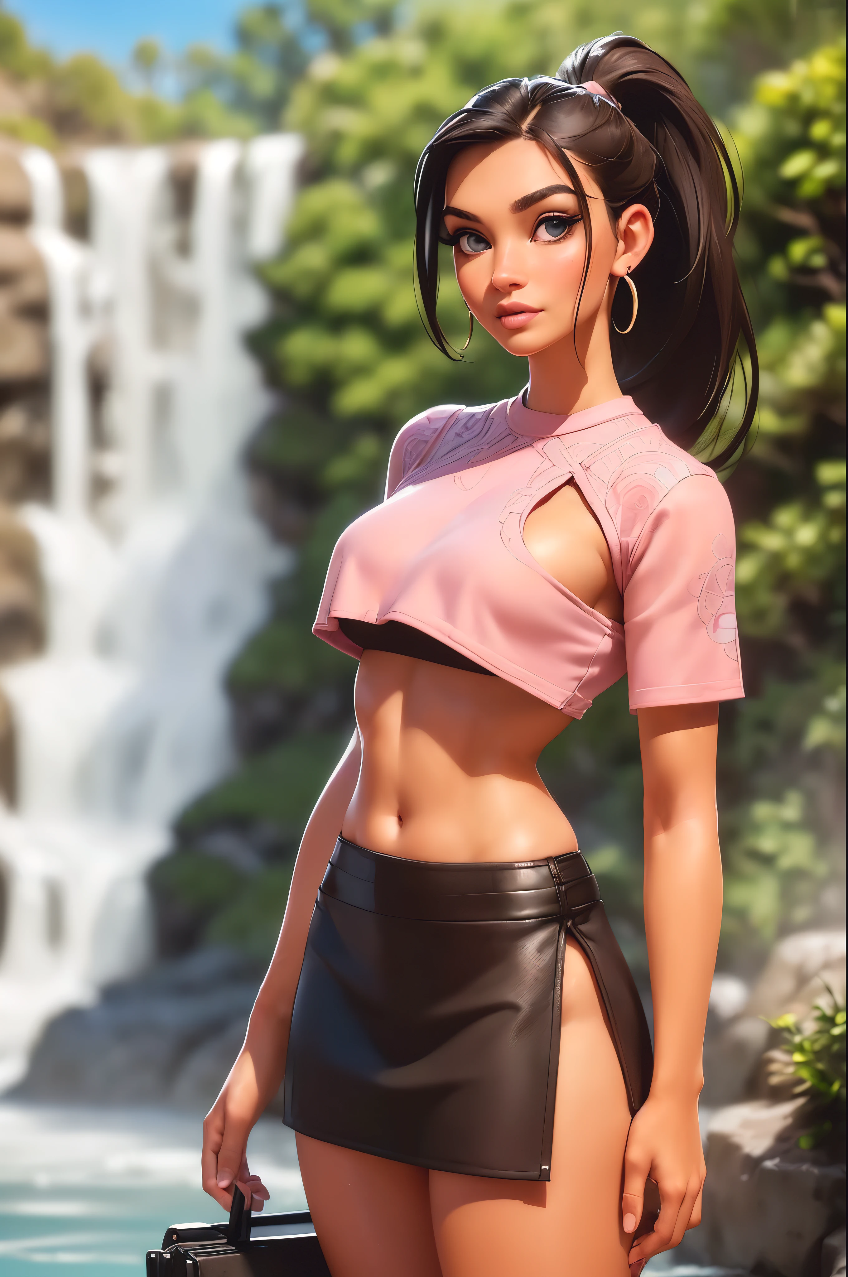 blue eyes, pony tail, large breasts, ((beautiful slim age girl 18 year old, brown hair, earrings, lips, realistic, pink lipstick, long eyelashes, earrings, wearing eyeliner, fair skin, (sexy), (detailed face), detailed eyes, detailed iris, sexy look, looking at viewer, (hot), facing viewer, ((thighs)), tribal skirt, tribal crop top, lip gloss, big full lips, long hair, smirk, sunny environment, warm light, ponytail, (photorealistic: 1.4), infront of a waterfall, (solo focus)