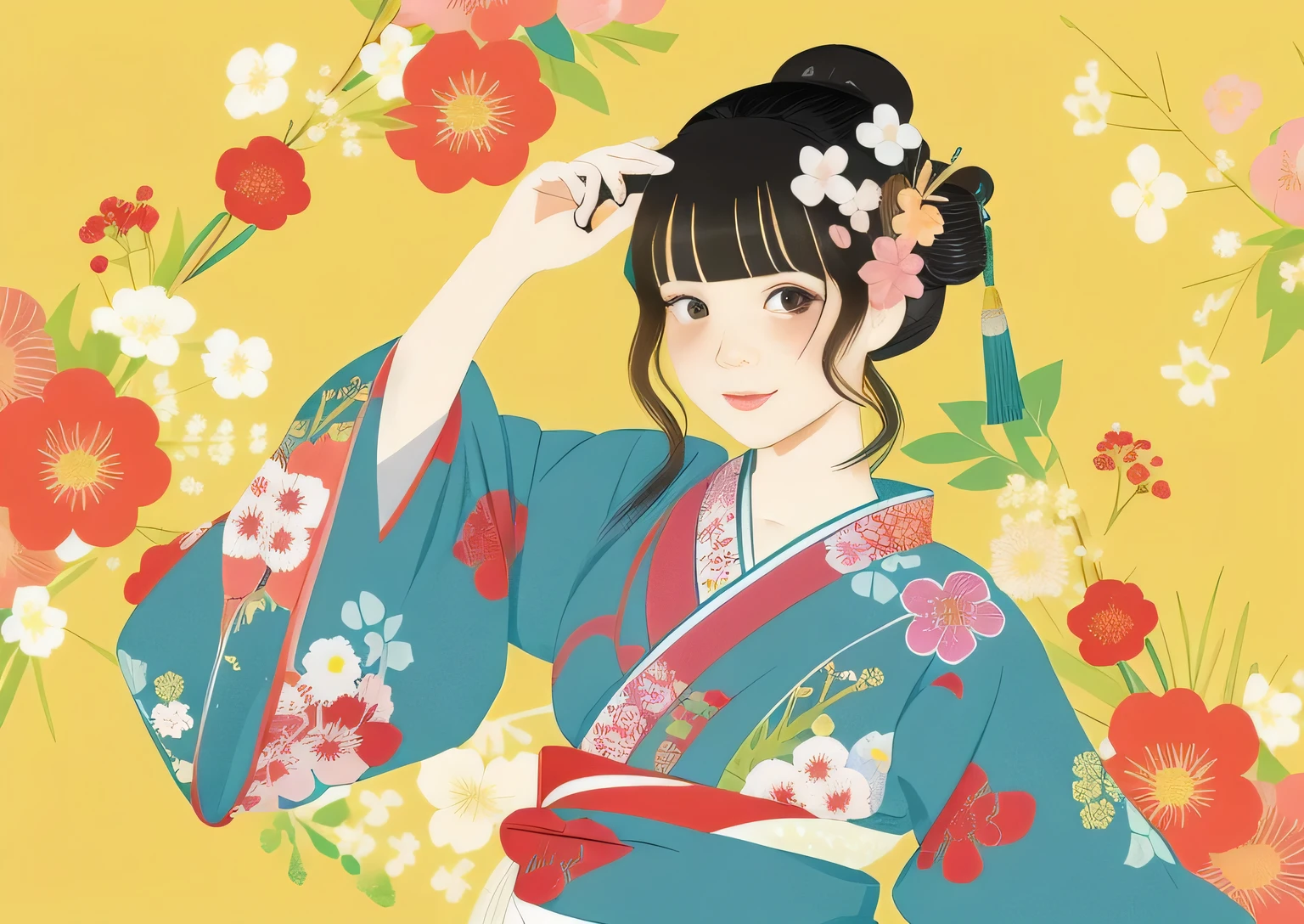 a woman in a kimono kimono dress with flowers in her hair, official illustration, official artwork, official art, in the art style of ukiyo - e, inspired by Hishikawa Moronobu, anime visual of a cute girl, in kimono, japanese art on behance, anime visual of a young woman, inspired by Nishikawa Sukenobu