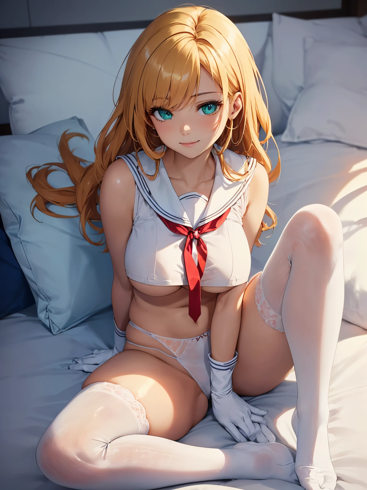 (1 woman),  (Micro thong), (((under boob))),  ((Crop Top shirt)), ((spread legs, one knee up)), (Sailor school uniform only for the upper body), (white short shirt), summer clothes, ((Red Ribbon Tie)), (((sheer white long thigh-high socks))), (((long gloves))), masterpiece, Best Quality, High quality, High Definition, Finely detailed, Detailed texture, realistic representation of face, Realistic, Colorful, Ray tracing, ahegao, smile, (glowing eyes),  (Detailed beautiful delicate face, Detailed beautiful eyes, A perfectly proportioned face, High detailed skin, best ratio four finger and one thumb, (((Glowing white shiny skin))), (oiled skin), (large breasts), ((Smooth texture, Realistic texture, Photorealistic)), ((Green eyes)), (((blonde  hair ))),  (Beautiful face, Cute face, Detailed face), on a bed