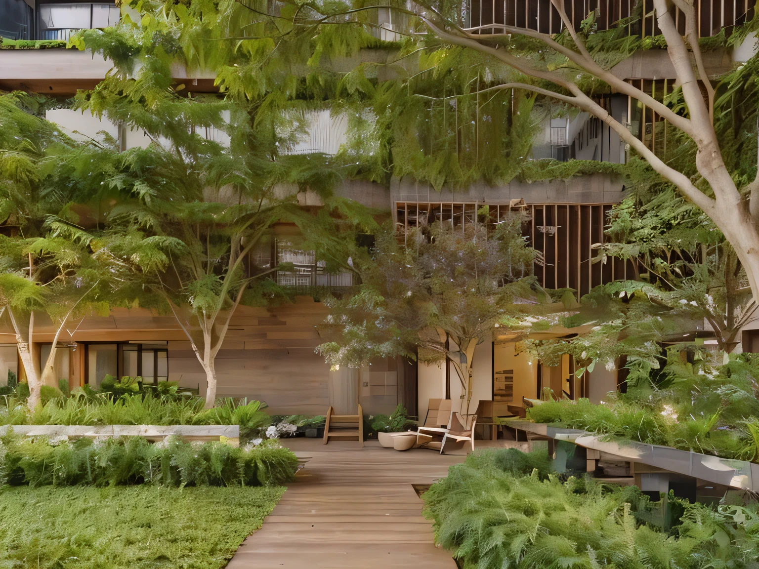 trees and bushes in the courtyard of a building with a wooden walkway, vibrant greenery outside,