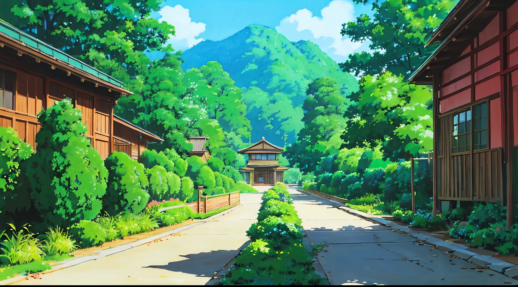 (((highest quality))))、residential street、anime countryside、anime background art、anime scenery、ソフトStudio Ghibli concept art、美しいanime scenery、Concept art for anime sets、Studio Ghibli concept art、ghibli studio environment、anime scenery、beautiful anime scene、Gribbley Makoto Shinkai Studio、Ghibli studio view、cottage core!!