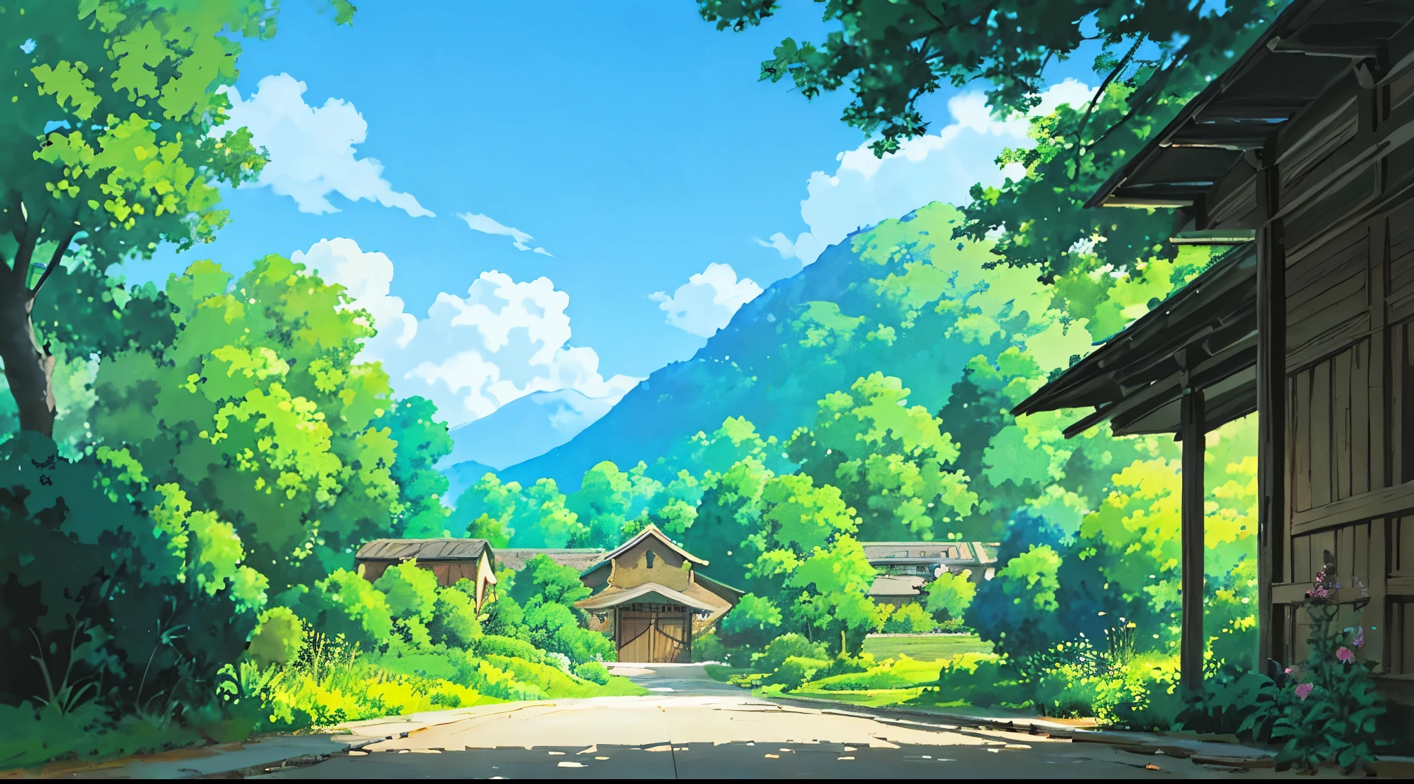 (((highest quality))))、residential street、anime countryside、anime background art、anime scenery、ソフトStudio Ghibli concept art、美しいanime scenery、Concept art for anime sets、Studio Ghibli concept art、ghibli studio environment、anime scenery、beautiful anime scene、Gribbley Makoto Shinkai Studio、Ghibli studio view、cottage core!!