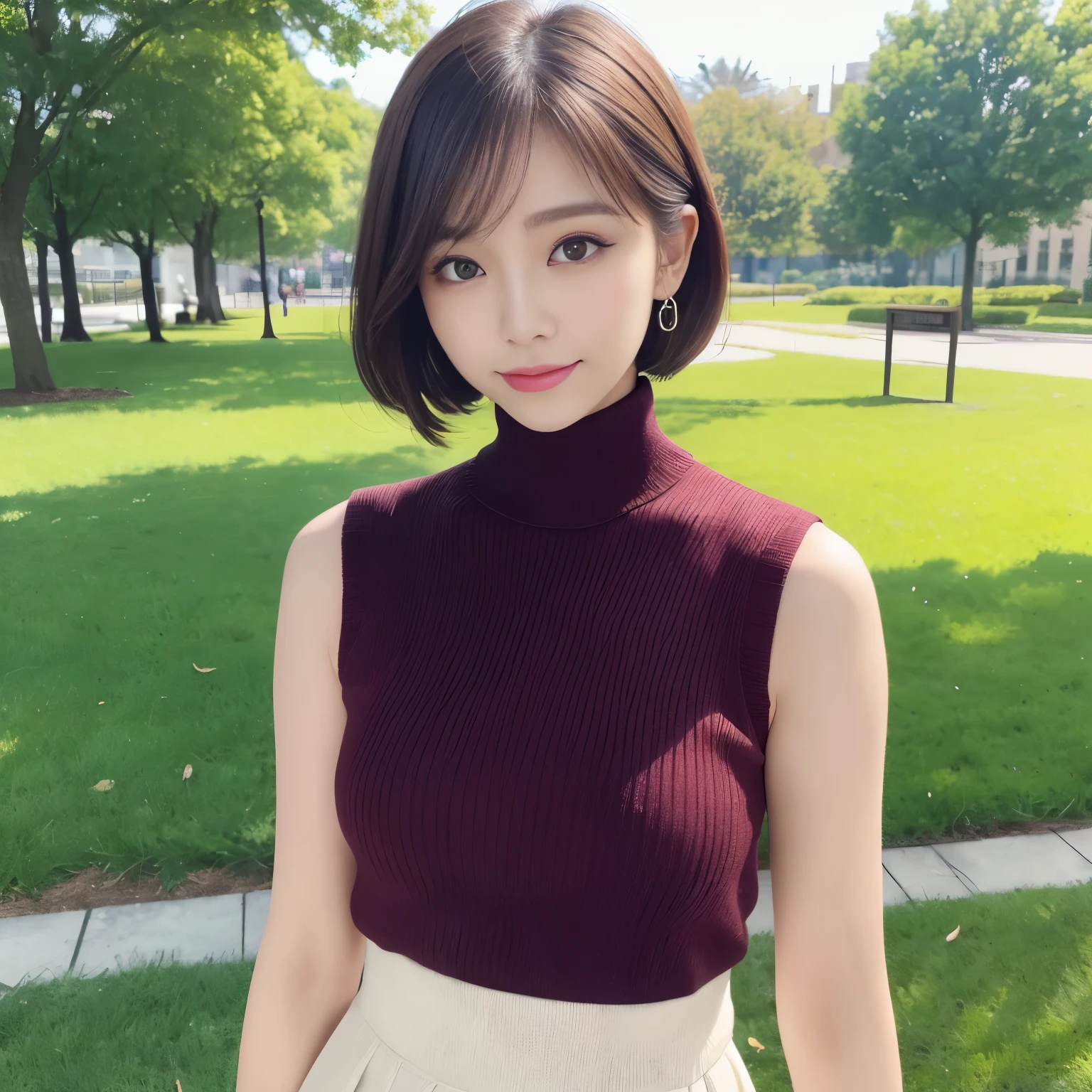(highest quality、table top、8k、best image quality、Award-winning work)、one beautiful woman、25 years old、(solo:1.1)、perfect beautiful composition、big and full breasts、perfect fit、emphasize body line、[clavicle]、(very short bob hair:1.1)、(Perfect white turtleneck sleeveless knit sweater:1.1)、(Elegant red melton skirt:1.2)、(full body photo:1.1)、look at me and smile、(Strongly blurred accurate urban park background:1.1)、Standing gracefully、droopy eyes、natural makeup、Ultra high definition beauty face、ultra high definition hair、Super high-definition sparkling eyes、Super high resolution glossy lips、accurate anatomy