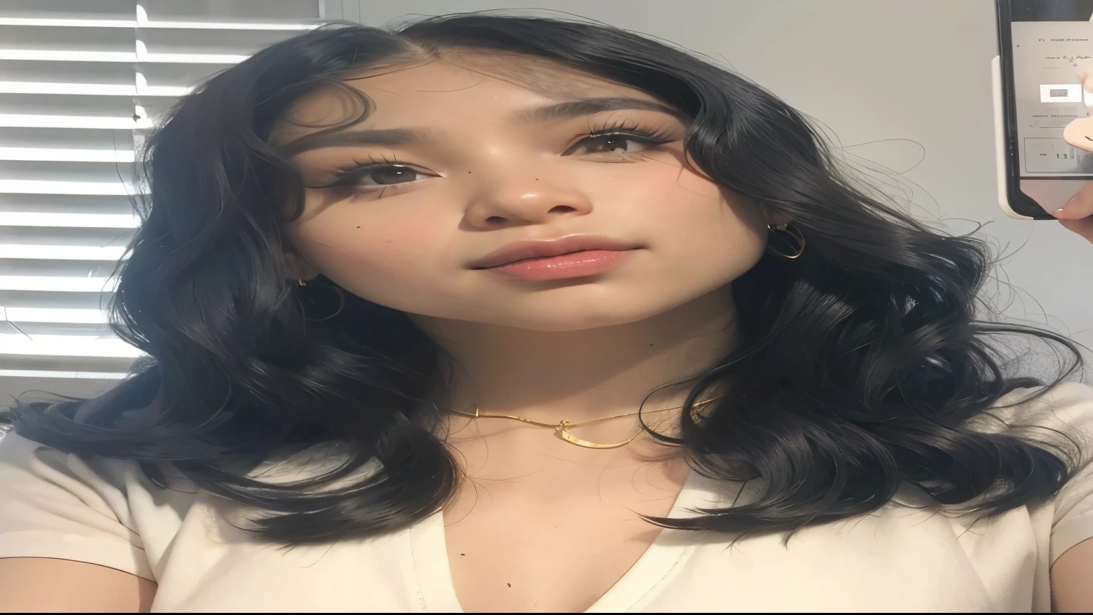 There is a woman taking a selfie with her cell phone, cabelo preto na altura dos ombros, black ondulado hair with bangs, medium length black hair, corte de cabelo cacheado com parte do meio, Cabelo preto na altura dos ombros, ondulado long - length black hair, ondulado shoulder-length hair, black ondulado hair, ondulado black hair, tessa thompson inspirada, cabelo preto e olhos grandes, ondulado, Cardi B