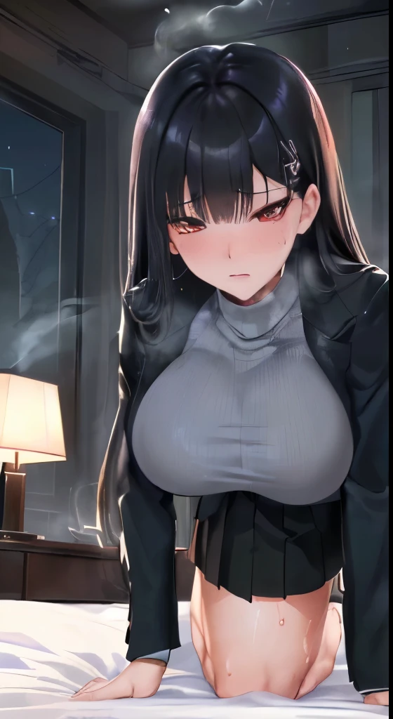 ((masterpiece、high quality、High resolution、4K, 8K, Blue archive official art、live-action)),detailed person、detailed face、detailed eyes、fine eyes、 dripping sweat、oil skin,sparkling skin、realistic skin texture、detailed beautiful skin、shiny skin, revealing clothes, (white turtleneck sweater、Black formal jacket、Tight pencil mini skirt, big breasts、beautiful thighs, mature pretty woman、transparent eyes、heavy makeup、sexy、(slender body and limbs,), angle from below、((on the bed))、(random facial expressions), ((clear eyes、double eyelid、red eyes、long black hair、big breasts))、((character Tsukatsuki Rio 、Blue Archive))、crawl on all fours、pov 、((Inciting composition))、ぶら下がるbig breastsがシャツから見える、night scenery、night room、dark、lights out、grayscale:27、full of embarrassment、blush、bright red face、shy、(sweat,steam), Throw out your legs