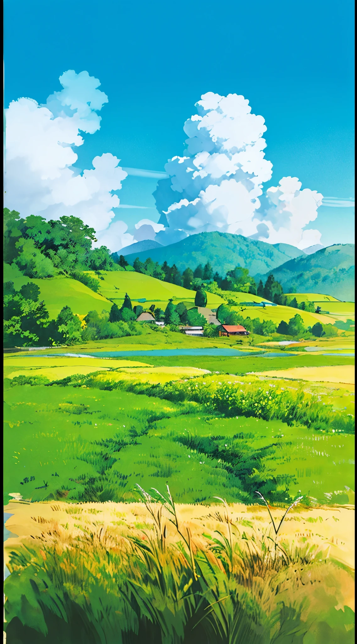 (((highest quality))), high color saturation, clear, reasonable structure, cartoon style, architecture, bridge, construction, city, chimney, cloud, cloudy_null, Day, fantasy, door, Grass, Home, Mountain, no_human, outdoor, river, landscape, null, Day没, wood, window, genuine, beautiful and amazing landscape oil painting Ghibli Studio Miyazaki's wheat field with blue null and white clouds, wheat field, wheat --v6