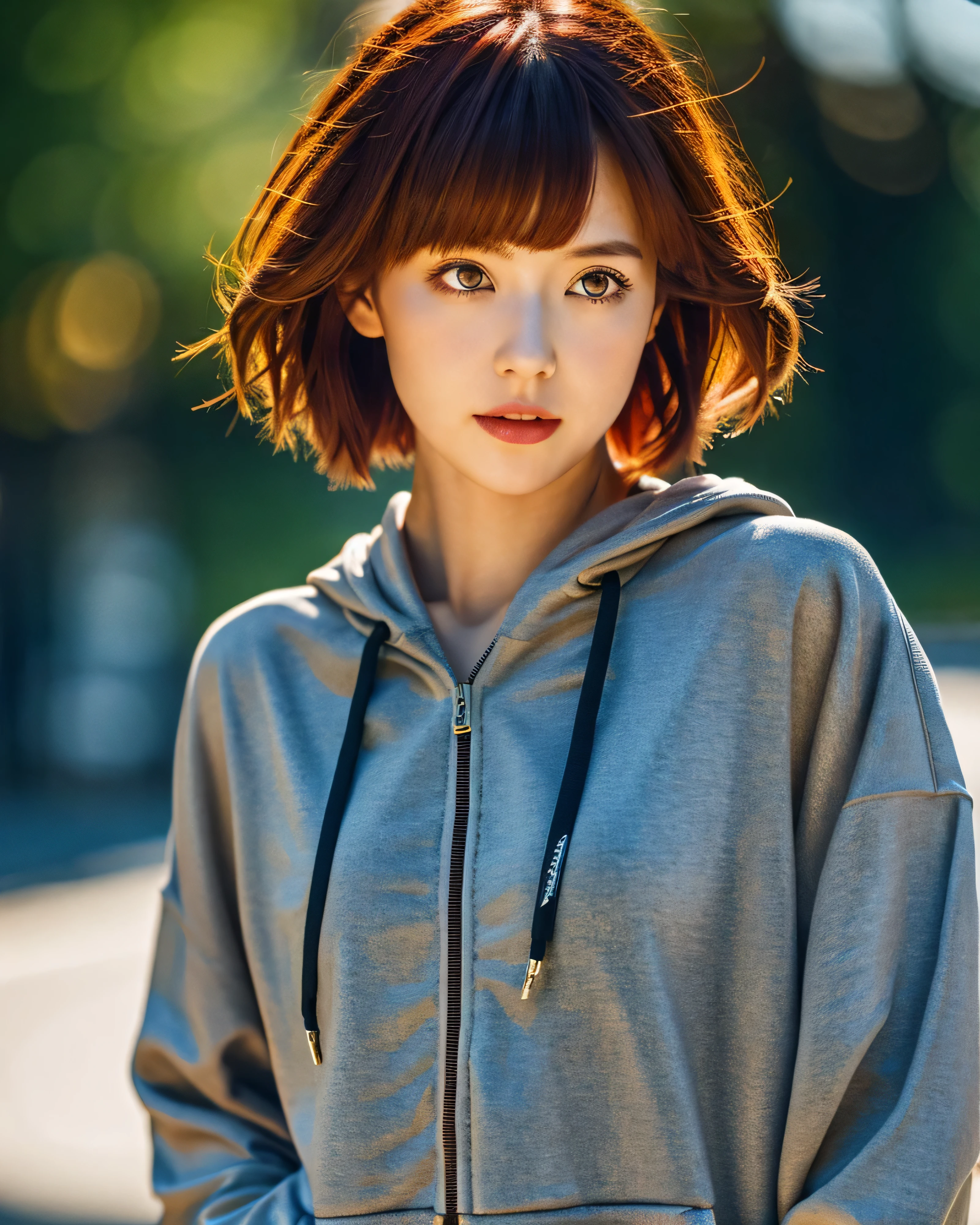 (high quality, 4k, 8k, High resolution, masterpiece:1.2)beautiful japanese girl, (whole body:1.5)complex red hair, red hair, short cut hair, bob hair, asymmetrical bangs, big magical eyes, detailed beautiful eyes, thin eyebrows, smooth soft skin, pale pink lips, A fleeting expression, black tank top, (gray oversized zip hoodie:1.3), opening the zip,hands in pockets, Detailed and perfect clavicle, beautiful legs, early morning street, professional lighting, professional photographer