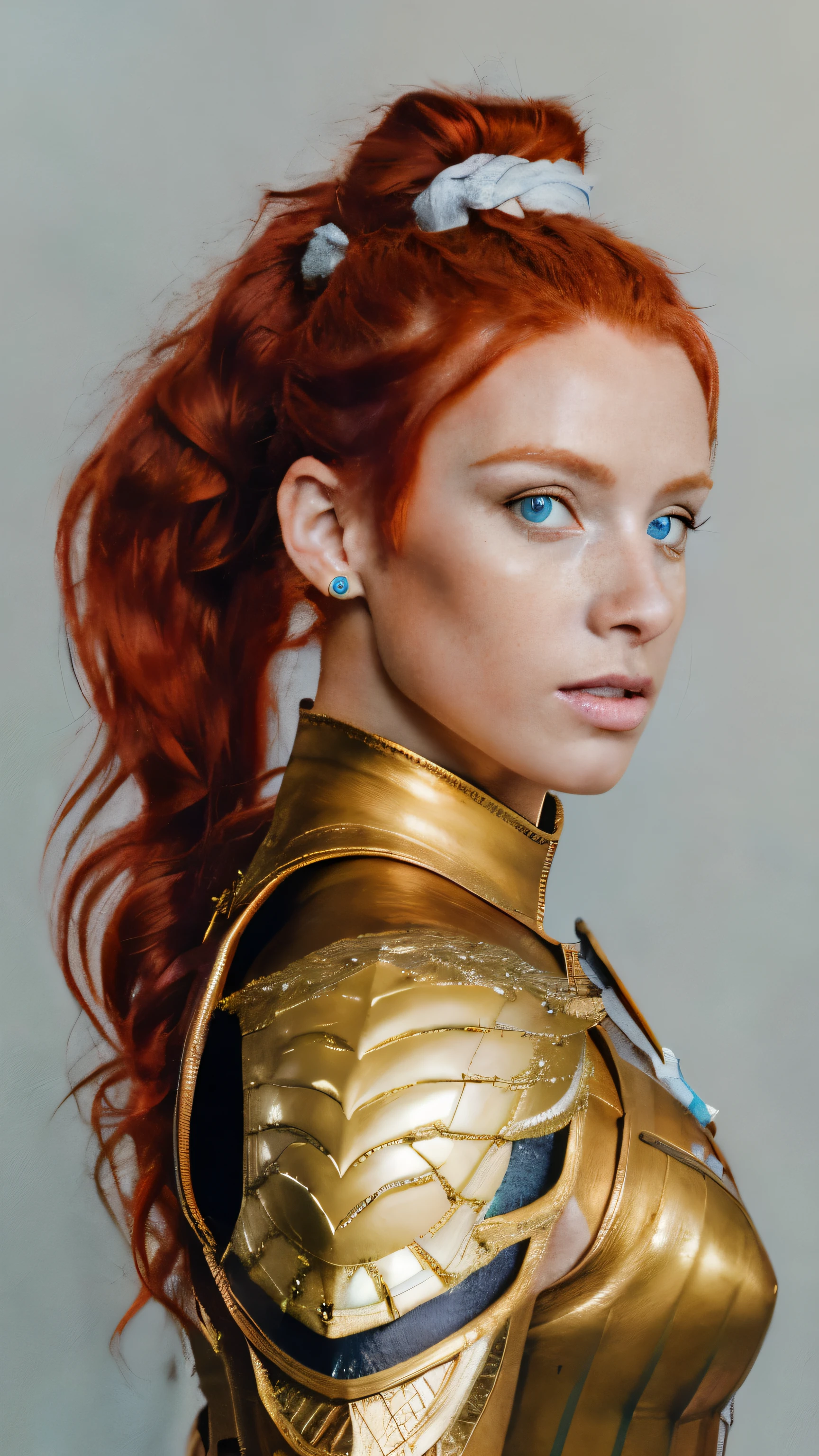 (8k, RAW photo, best quality, masterpiece:1), (realistic, photo-realistic:1.), (extremely detailed CG unity 8k wallpaper), a full body (rogue:) female wearing gold (leather armor:1.3), stiched worn out armor, (insanely detailed:1.5), gold and (white:1.5), Concept art portrait by Greg rutkowski, Artgerm, hyperdetailed intricately detailed gothic art trending on Artstation, fantastical, intricate detail, (small blue highlights:1), (redhead, wavy hair, high ponytail: 1.4) full figure