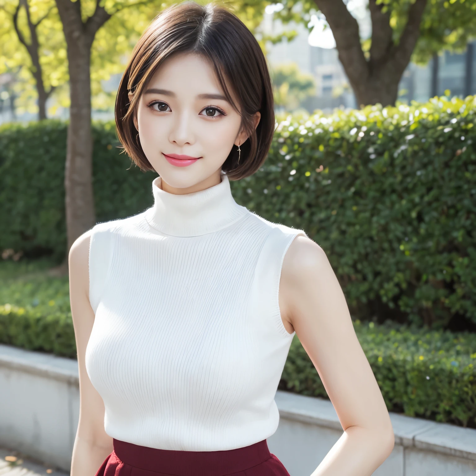 (highest quality、table top、8k、best image quality、Award-winning work)、one beautiful woman、25 years old、(solo:1.1)、perfect beautiful composition、(big and full breasts:1.1)、perfect fit、(emphasize body line:1.1)、(very short very short cut hair:1.1)、(Perfect white turtleneck sleeveless knit sweater:1.2)、(Elegant red melton skirt:1.2)、(full body photo:1.1)、look at me and smile、(Strongly blurred accurate urban park background:1.1)、Standing gracefully、droopy eyes、natural makeup、Ultra high definition beauty face、ultra high definition hair、Super high-definition sparkling eyes、Super high resolution glossy lips、accurate anatomy