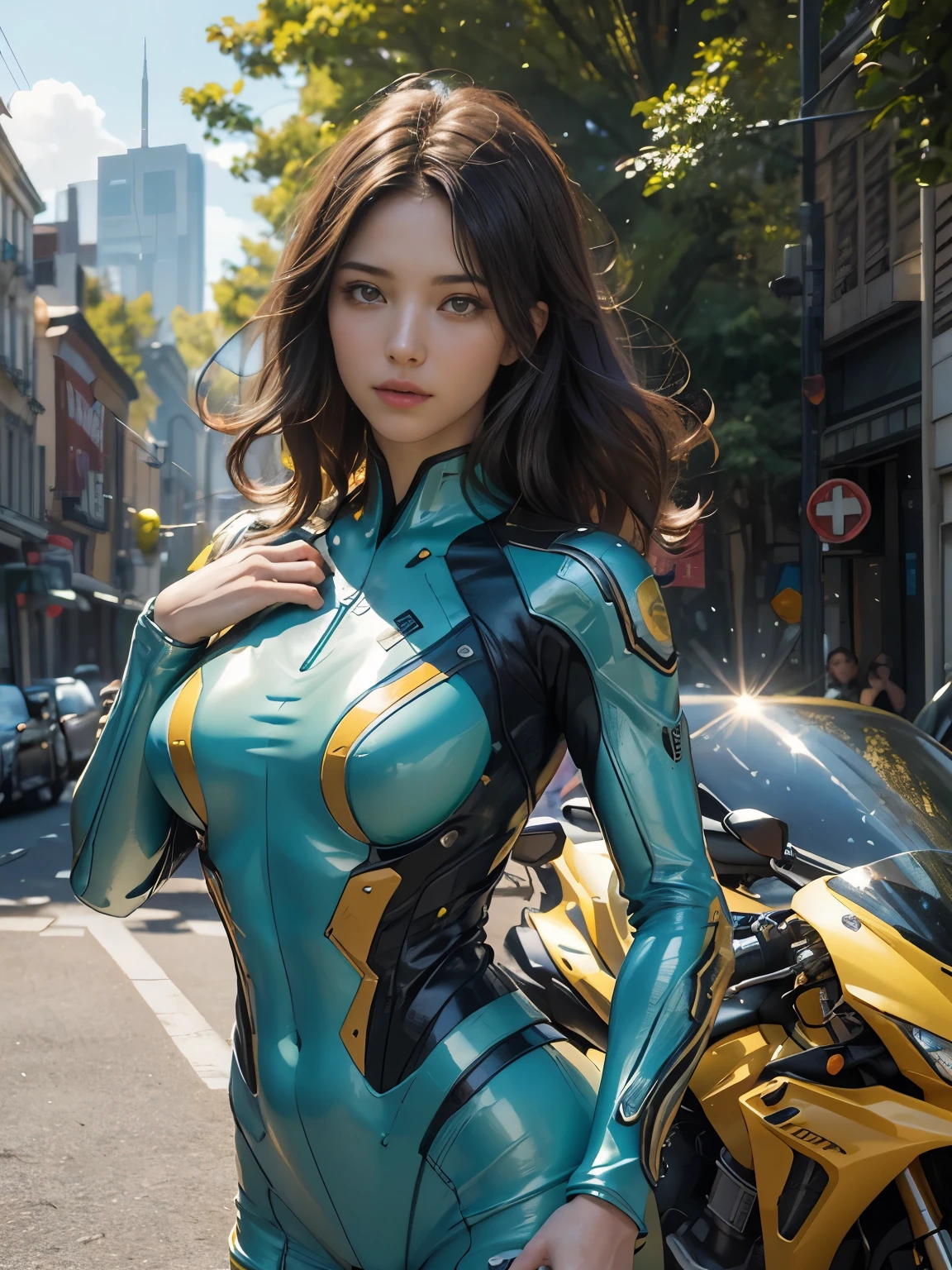 25 year old colossus style woman,(((A woman with a mechanized body))), Slime, dynamic podium: 1.3), (realistic:1.5), (realistic:1.4), 8k, Super detailed beautiful girl, 1 girl, (a sunny day:1.5), intricate body details, (short: 1.3), (highest quality: 1.0), (Super high sharpness: 1.0), (fine hair:1.4),(Beautiful and delicate depiction of eyes),(ride a motorcycle:1.4),unreal engine:1.4,photorealistic:1.4, skin texture:1.4, masterpiece:1.8,highest quality at best,(Wearing the communication headset、future city、yellow body