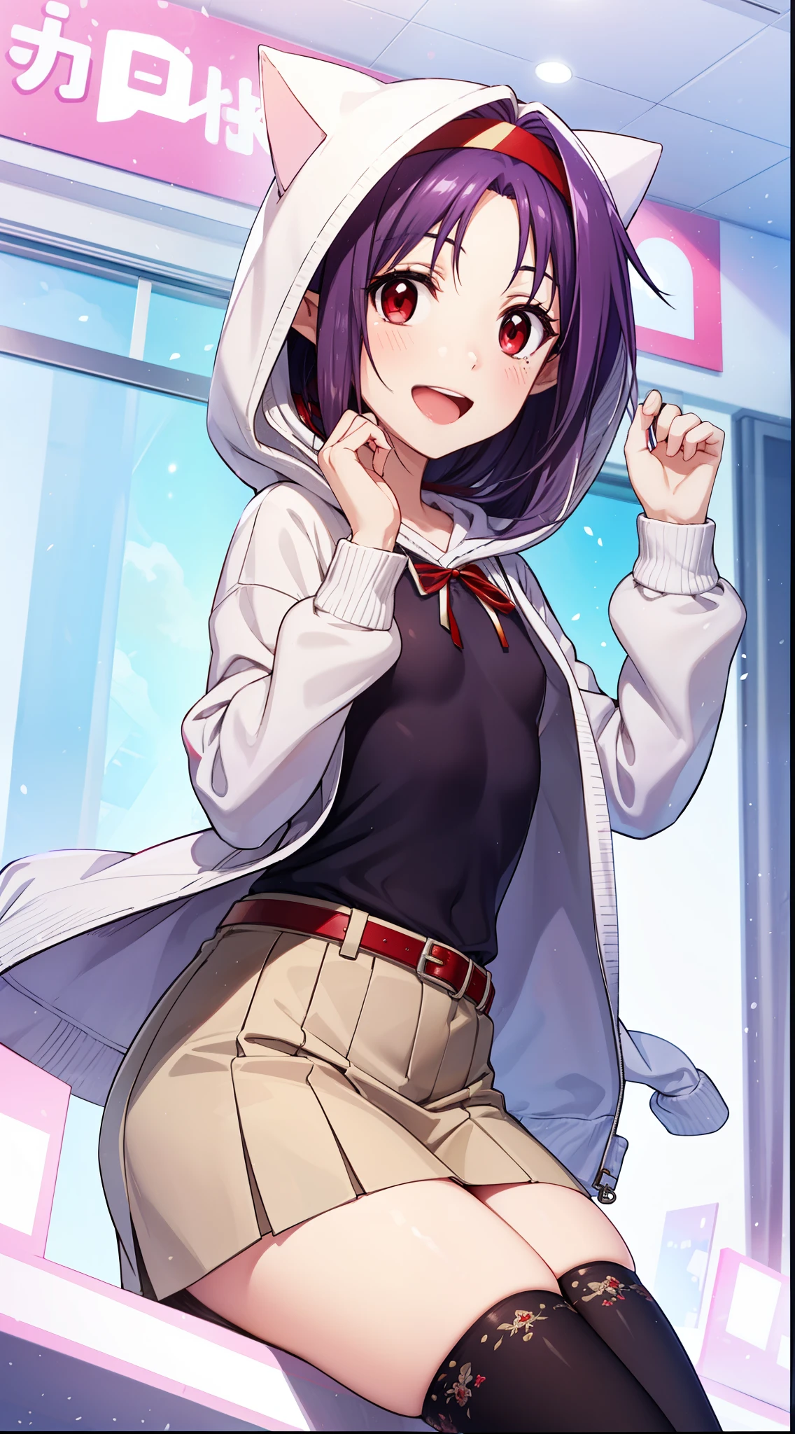 master piece, best quality, 8k, ultra high resolution, anime style, best writing, beautiful face, Yuuki Konno、Yuuki Konno、1 girl, solo, hair band、long hair、pointy ears、purple hair、(red eyes:1.5)、(small breasts:1.2)、open mouth、BREAK black thighs、purple hooded knit sweater、hood with cat ears, black camisole, white pleated skirt, belt with red ribbon, In front of the station, In town, stand, blush, smile, Face Up、highest quality、unity 8k wallpaper、(An illustration:0.8)、(beautiful detailed eyes:1.6)、highly detailed face、perfect lighting、Highly detailed CG、(perfect hands、perfect anatomy)