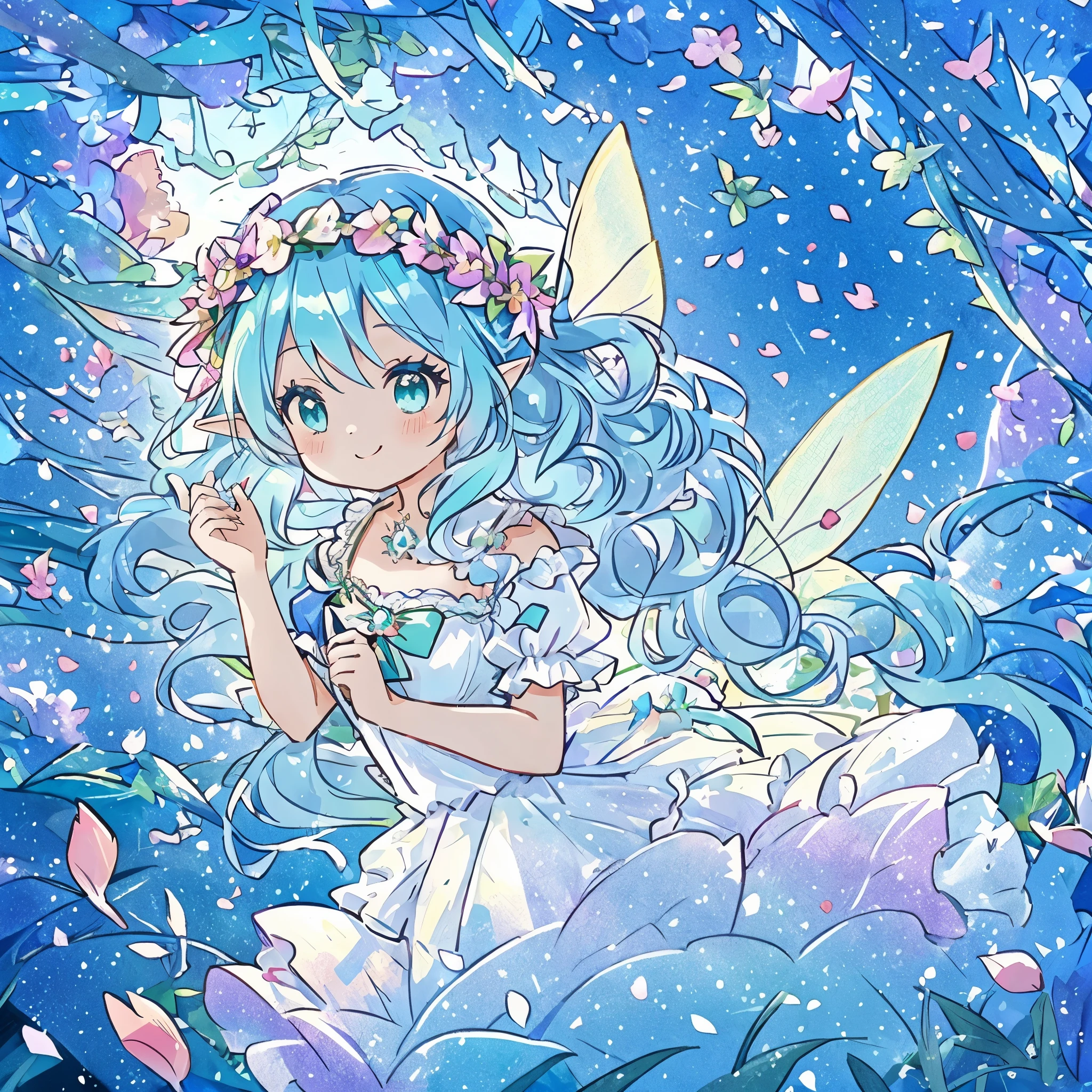 beautiful fairy girl in tiered colorful gradient ballgown dress, gradient sparkling fairy dress, ((Skirt layered with multi-colored petals)), fairy dress, fairy queen, magical forest background, (shining fairy wings), sparkling flowing ball gown, ((giant shining fairy wings)), flowers and colorful plants, flower garden,There's a glowing aura around her, beautiful, masterpiece, highest quality、gradient hair, light blue hair, floating hair, wavy hair, very long hair, hair ribbon, head wreath, aqua eye, long eyelashes, pointy ears, light smile, bright eyes