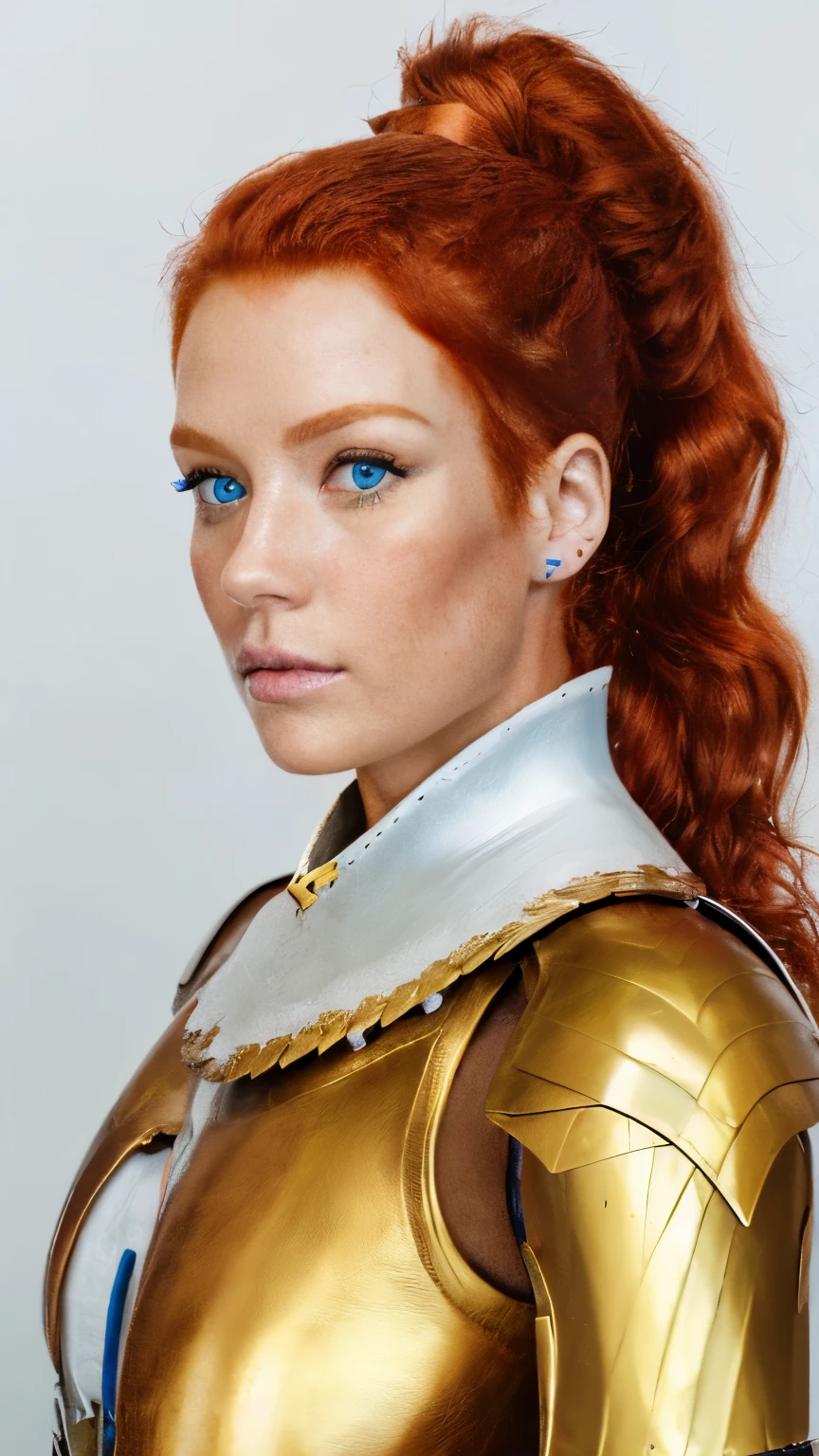 (8k, RAW photo, best quality, masterpiece:1), (realistic, photo-realistic:1.), (extremely detailed CG unity 8k wallpaper), a full body (rogue:) female wearing gold (leather armor:1.3), stiched worn out armor, (insanely detailed:1.5), gold and (white:1.5), Concept art portrait by Greg rutkowski, Artgerm, hyperdetailed intricately detailed gothic art trending on Artstation, fantastical, intricate detail, (small blue highlights:1), (redhead, wavy hair, high ponytail: 1.4) full figure