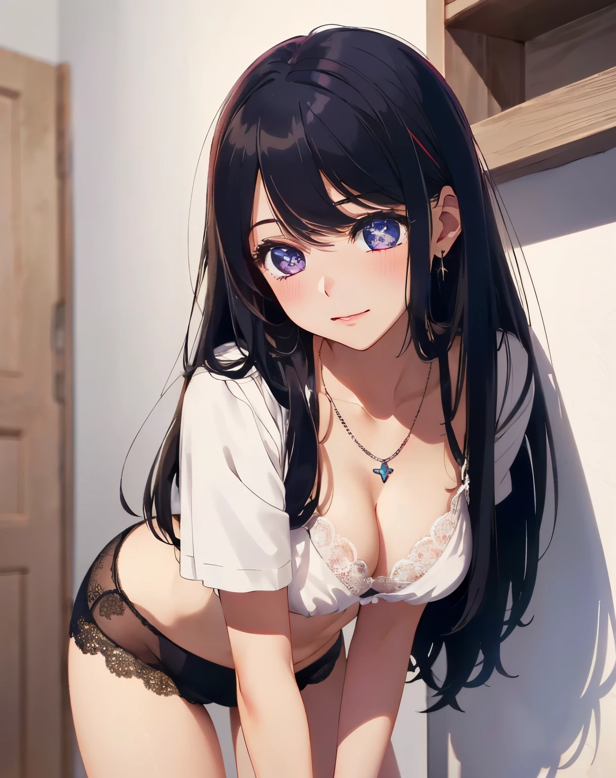 ((nsfw:1.4, masterpiece, best quality, highres, UHD, perfect pixel, depth of field, 4k, RTX, HDR))), 1girl, single, solo, beautiful anime girl, beautiful artstyle, anime character, ((long hair, bangs, dark brown hair, messy hair:1.6)), ((detailed eyes, anime style eyes, beautiful eyes, sparkling eyes, realistic eyes, curly eyelashes)), ((detailed face, blushing:1.2)), ((smooth texture:0.75, realistic texture:0.5, anime CG style)), ((medium breasts, cleavage)), indoor, bedroom, dynamic angle, busty, perfect body, dynamic pose, armpit, hands up, ((fall asleep on the bed, supine, sleepy, open eyes, laying on bed)), ((close up, POV, cute, shot on face, sighing expression, wake up)), ((purple bra color, purple lingerie, single diamond necklace)), (natural light, light reflection, morning)