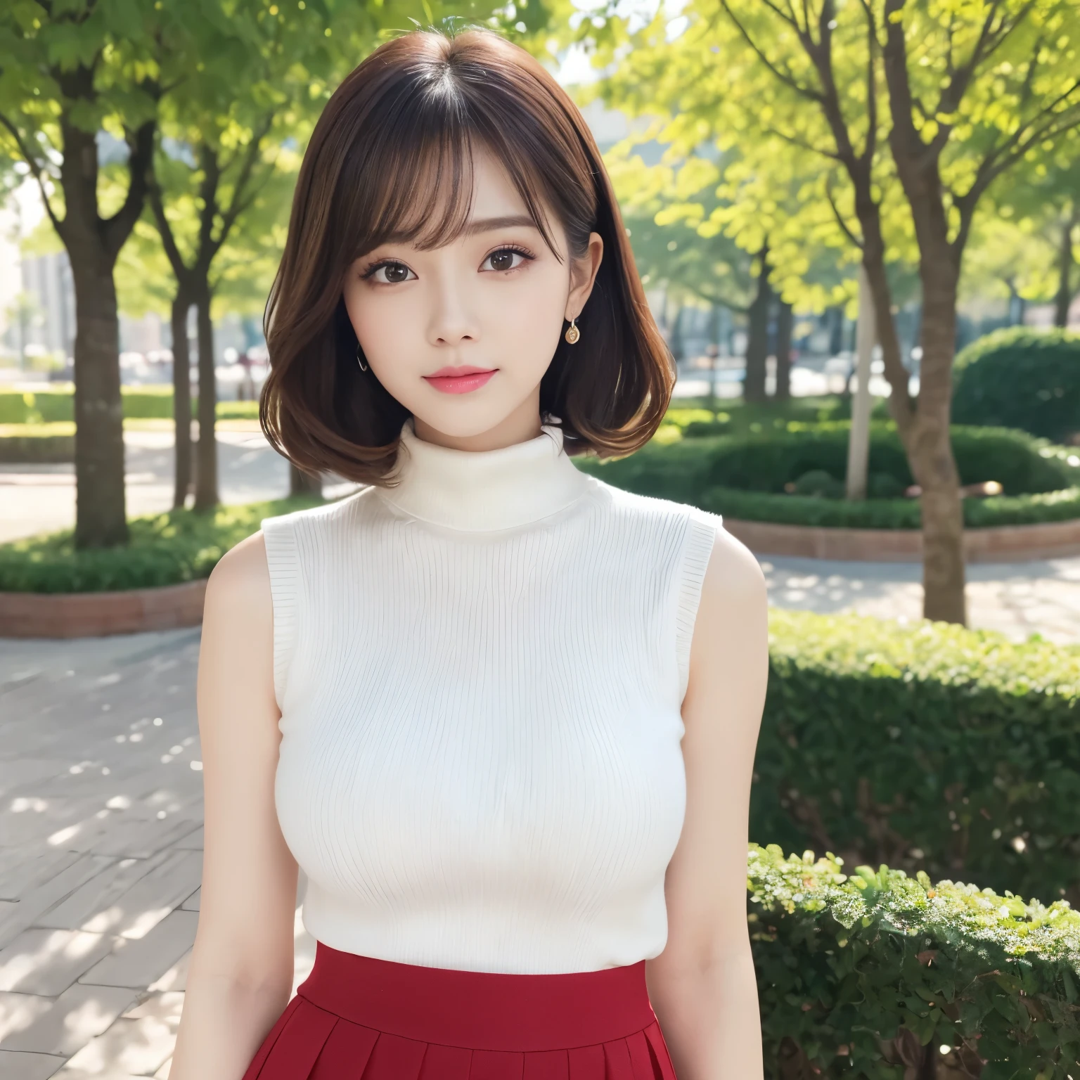 (highest quality、table top、8k、best image quality、Award-winning work)、one beautiful woman、25 years old、(solo:1.1)、perfect beautiful composition、(Huge breasts that are about to burst:1.1)、(perfect fit:1.1)、(emphasize body line:1.1)、(very short very short hair:1.1)、(Perfect center parted bangs:1.1)、slender body、(Perfect white turtleneck sleeveless knit sweater:1.2)、(Elegant red melton skirt:1.2)、(red melton fabric miniskirt:1.1)、(skirt without creases:1.2)、(Boldly exposing her beautiful bare thighs:1.2)、(full body photo:1.2)、look at me and smile、(blurred background:1.1)、(Strongly blurred accurate urban park background:1.1)、Standing gracefully、droopy eyes、natural makeup、Ultra high definition beauty face、ultra high definition hair、Super high-definition sparkling eyes、(Super high-definition shiny white skin:1.1)、Super high resolution glossy lips、accurate anatomy、(very bright and vivid:1.1)