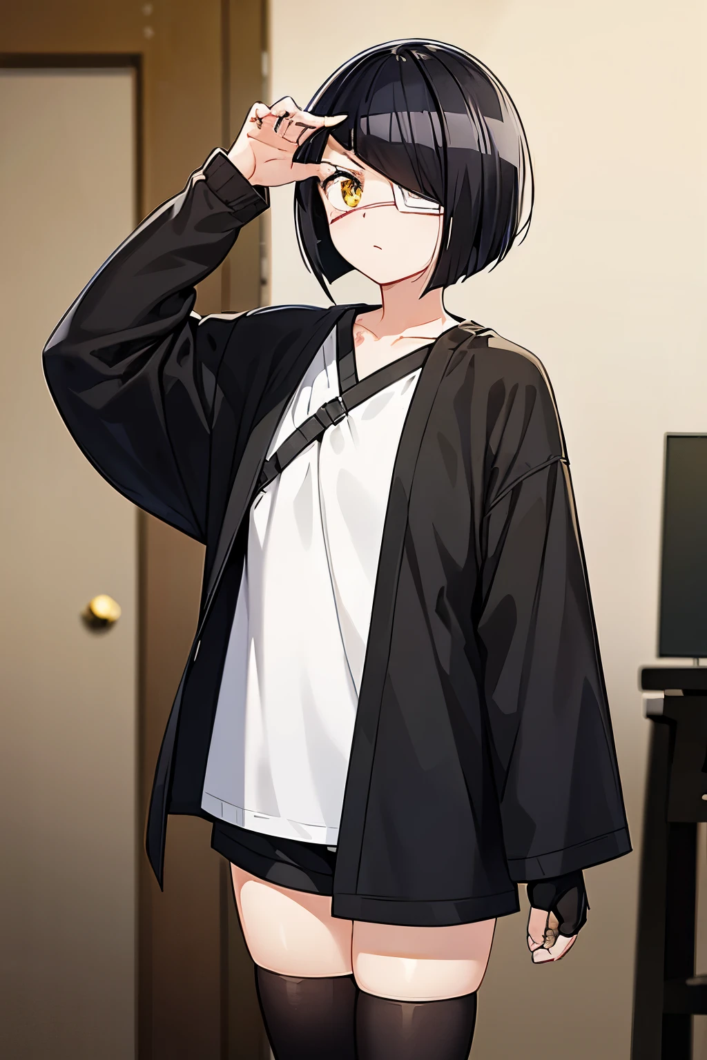 girl, nakanaka_omoharu, black hair, short hair, flat chest, golden eyes, white eye patch, casual clothes, grey shirt, long sleeves, fingerless gloves, black thigh-highs, room, japanese room, standing, striking a pose, wide stance, hand at head